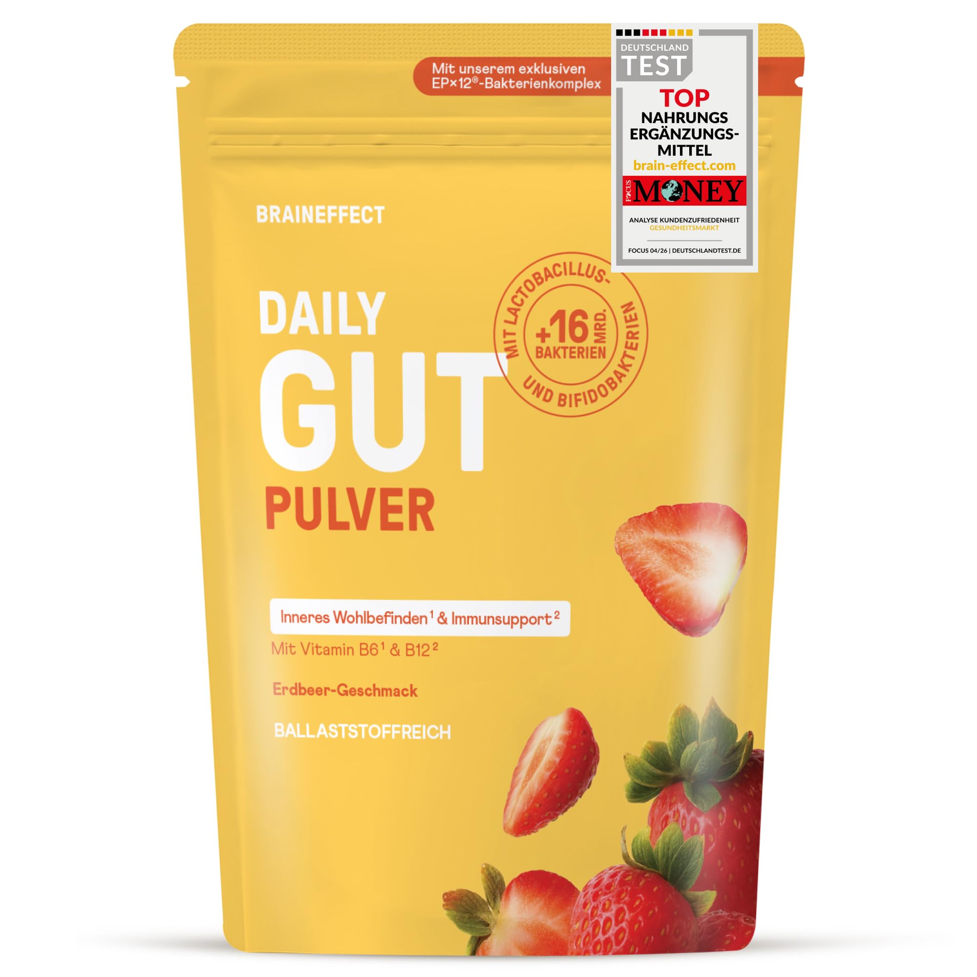 BRAINEFFECT DAILY GUT – Probiotisches Getränkepulver mit 16 Mrd. lebenden Bakterien & 7 g Ballaststoffen pro Portion, mit Vitamin B1, B2, B6 & B12, Erdbeergeschmack – 240 g
