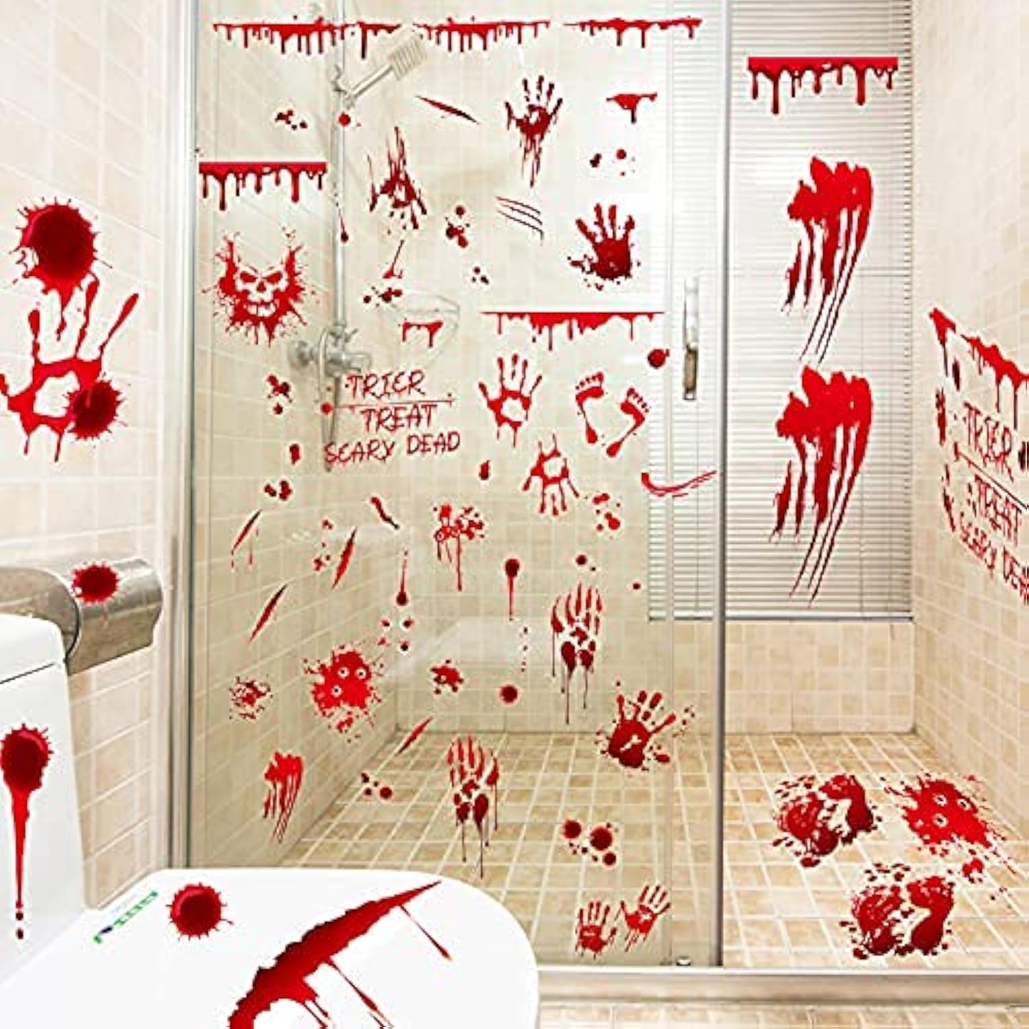Woodzi Red Horror Halloween Stickers, 9 Sheets Of Bloody Handprints, Footprints & Skulls, Pvc Window Clings For Indoor Decorations
