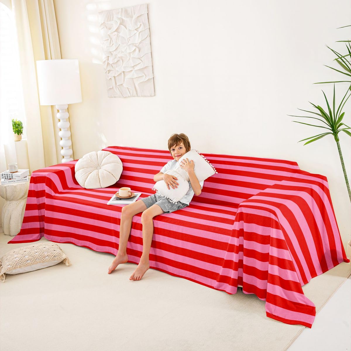 Homewish Funda de sofá a rayas rosas y rojas de 180 x 340 cm para 2, 3 y 4 plazas
