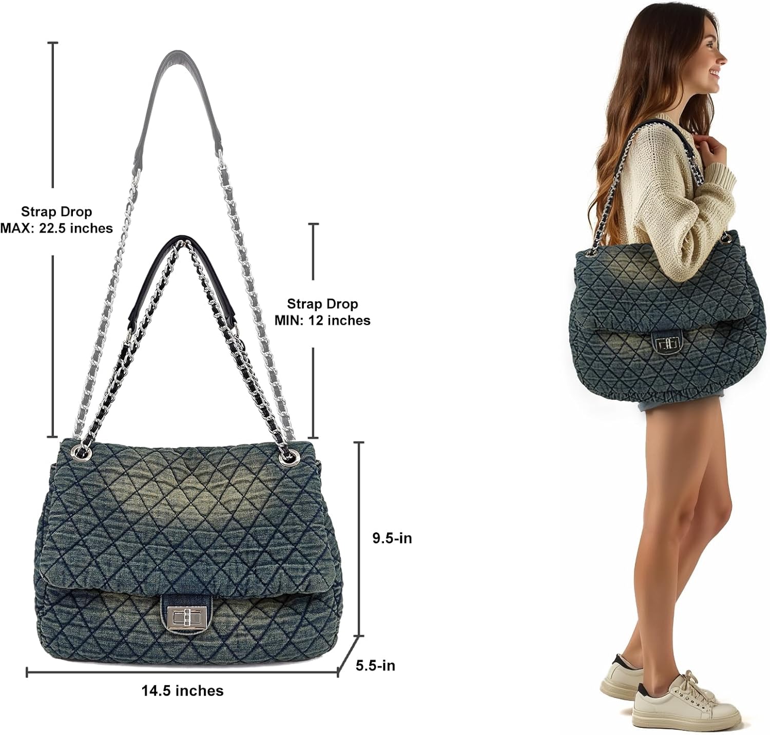 Quilted Denim Purse, Shoulder Bag for Women, Crossbody Flap Tote Bag,Silver Chain Hobo Bag, Vintage Washed Jean Purse - Image 6