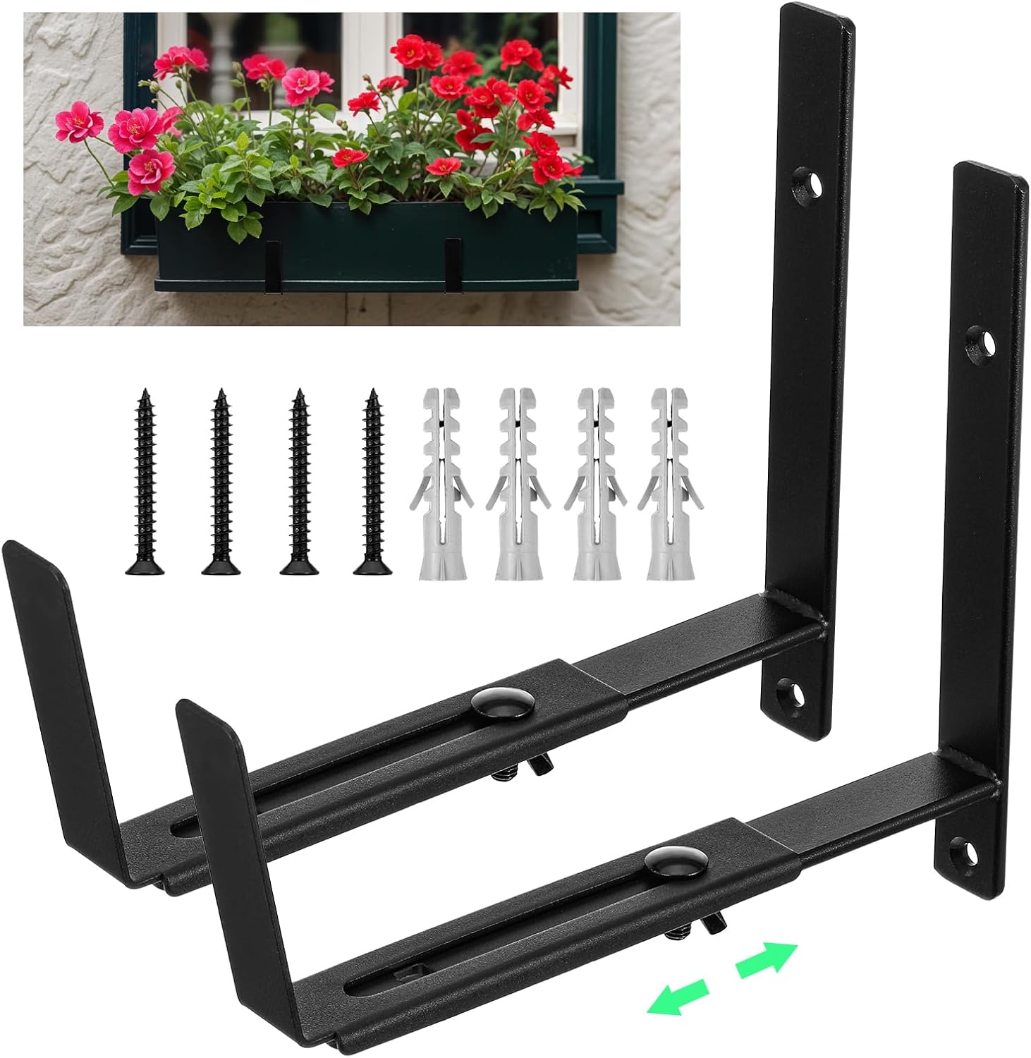 2 Pcs Window Box Brackets, Adjustable Window Planter Box Brackets, Heavy Duty Iron Flower Box Brackets for Railings, with Enhanced Bottom Support - Perfect for Balconies, Fences, Gardens