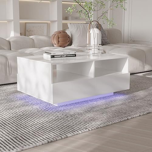 Miniatura 6 de Mesa de centro LED con cajones de almacenamiento, mesa de centro de alto brillo con luces LED para sala de estar, mesa central moderna rectangular,