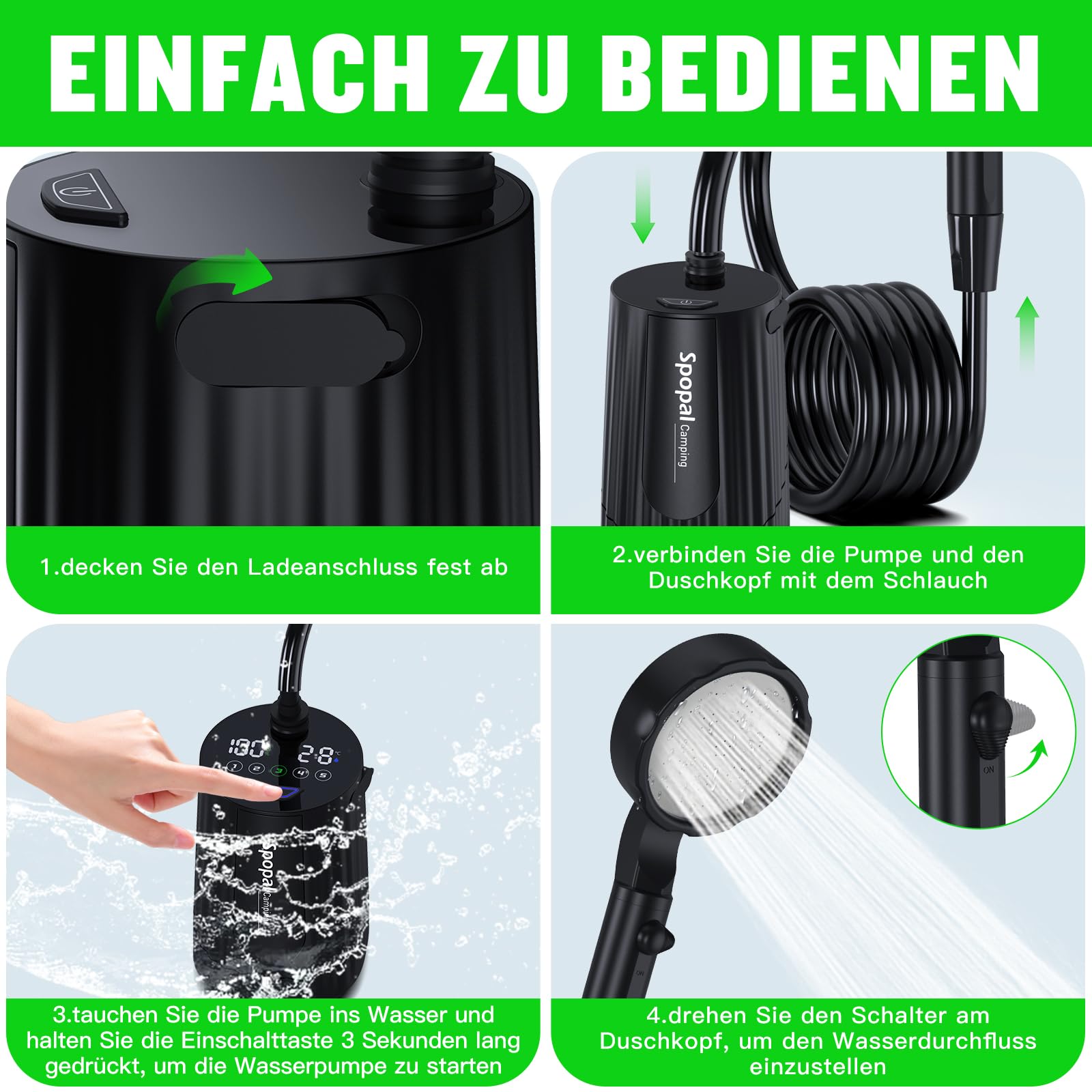 Spopal Camping Dusche, [10000mAh] Campingdusche Tragbare mit 20L Klappbarer Eimer, Camping Dusche Akku, Camping Dusche Outdoor Set mit Duschkopf und 2m Schlauch für Garten, Strand, Autowaschen, Hausti