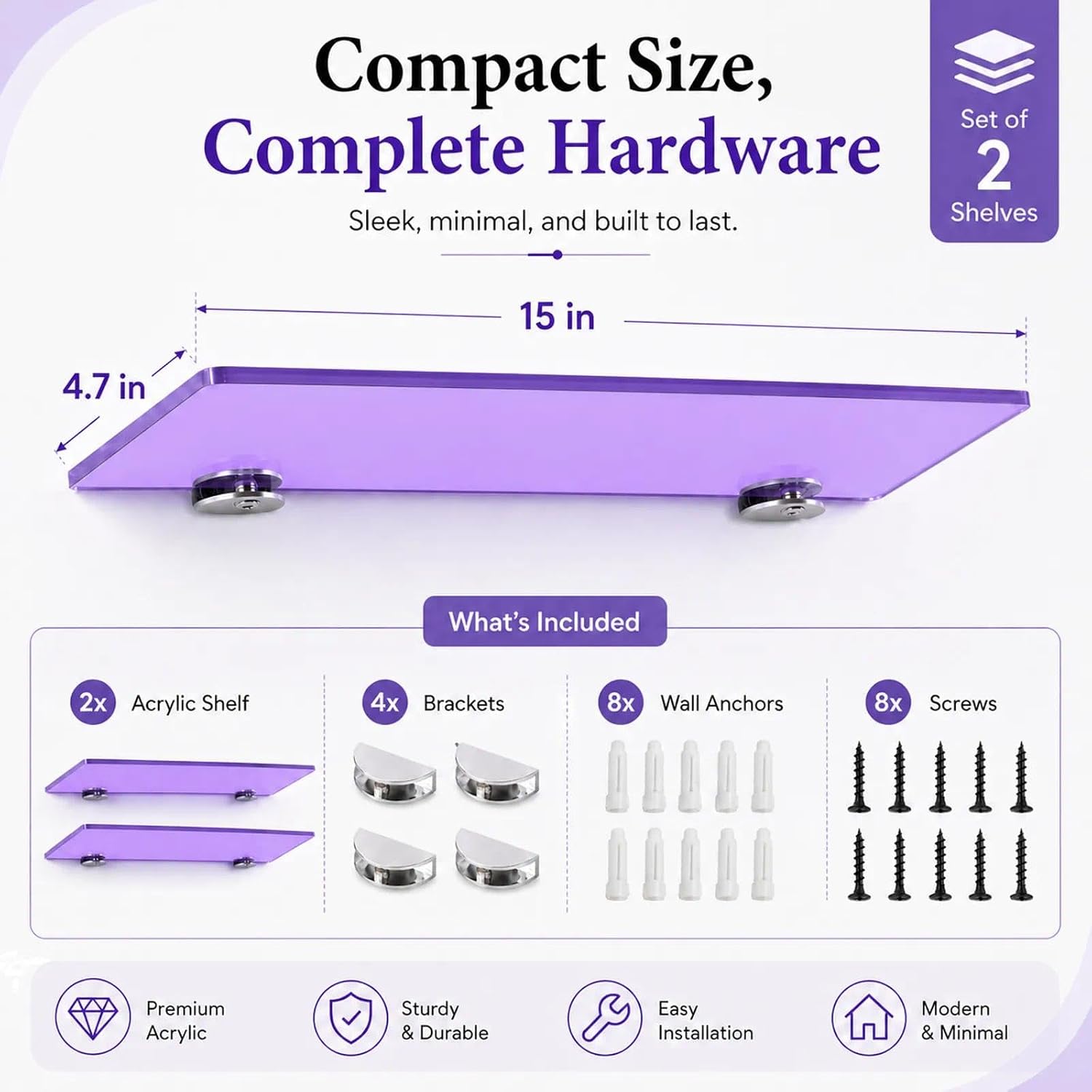 iobiotio Small Floating Shelves, 15'' Shelves for Wall, Decorative Floating Shelves for Home Office, Wall Mounted Rack, Purple, 2 Pcs