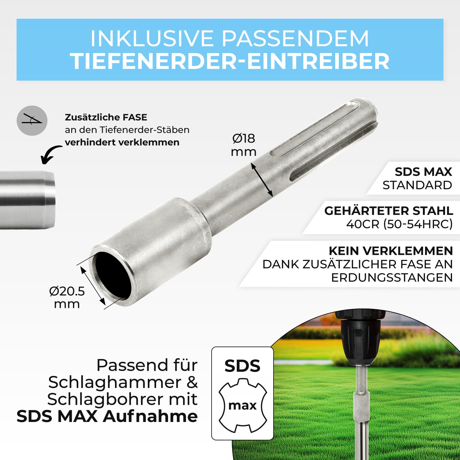 GRAFT Tiefenerder Set V4A Edelstahl 3x1m Erdungsstangen 20mm Durchmesser SDS-Max Eintreiber Blitzschutz PV Anlage