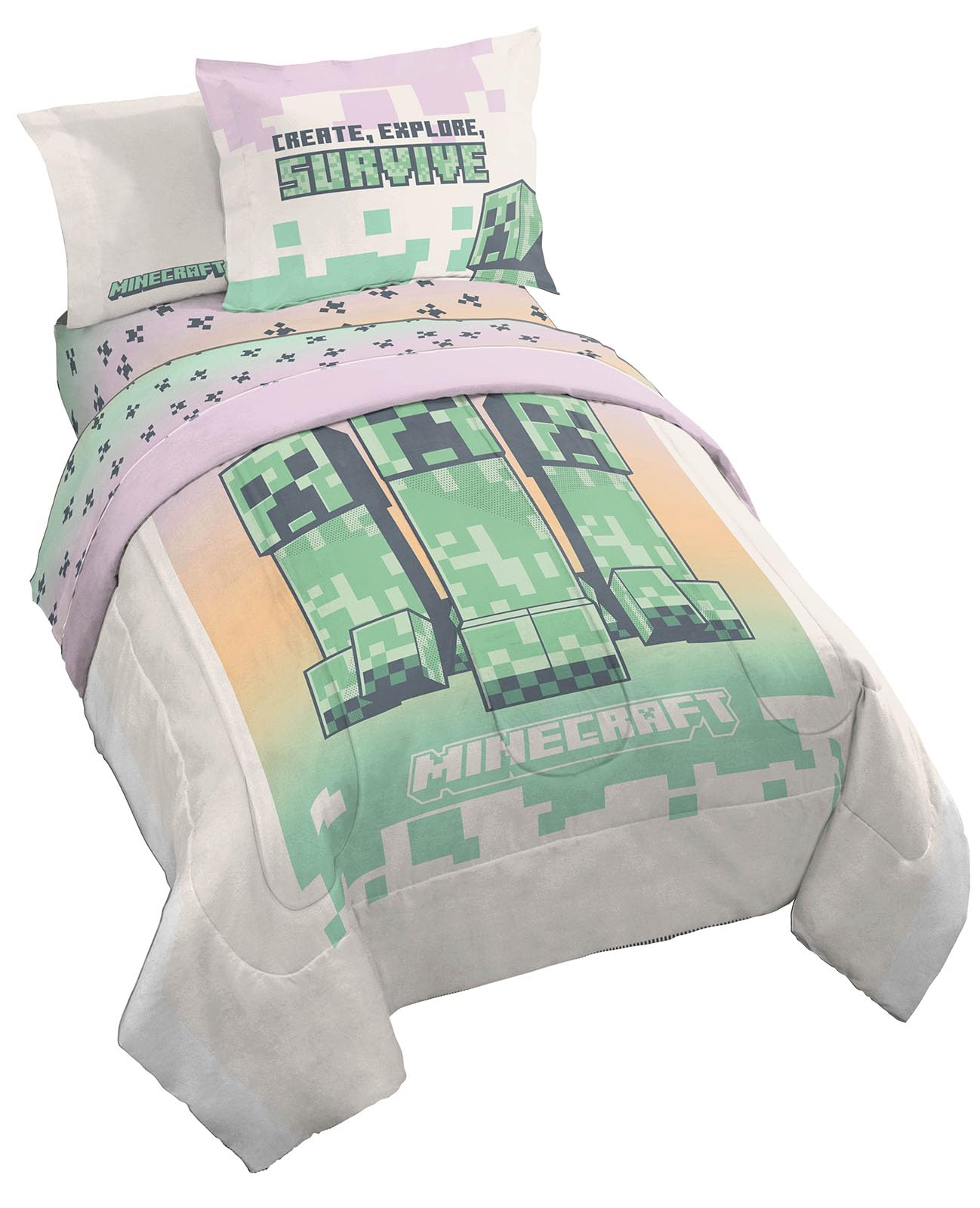 Minecraft Creeper Twin Comforter Set - 5 Piece Bedding Includes Sheet Set & Pillow Covers - Super Soft Pink & Green Kids Bedding