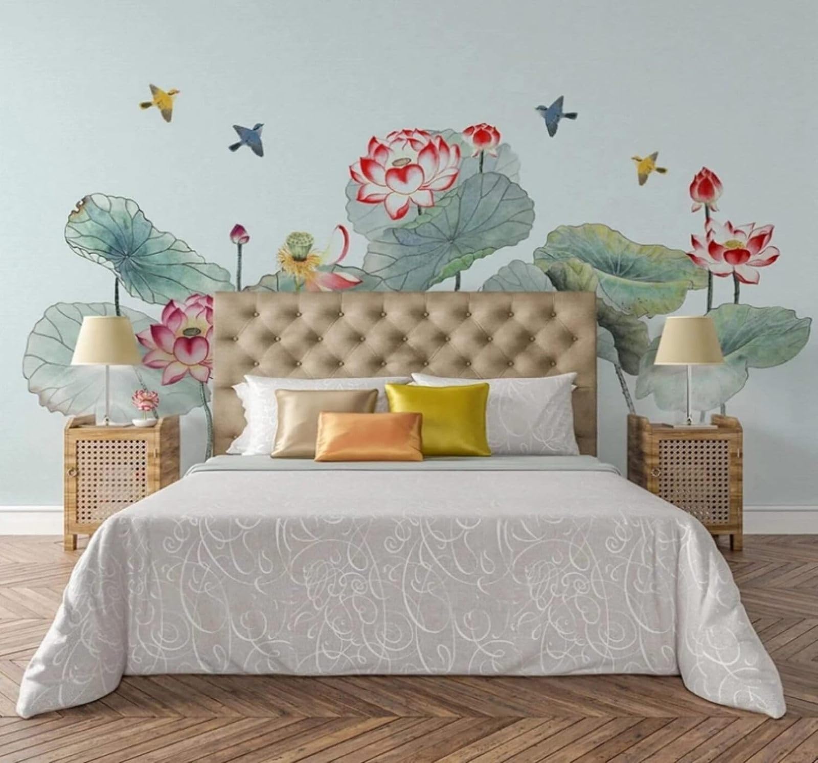 Xlming 350Cm×256Cm(B×H) Fresh Hand Drawn Lotus Flowers Lotus Leaves Landscape 3D Wallpaper Luxury Home Dining Decor Paste Sofa Living Room The Wall For Bedroom Mural-350Cm×256Cm