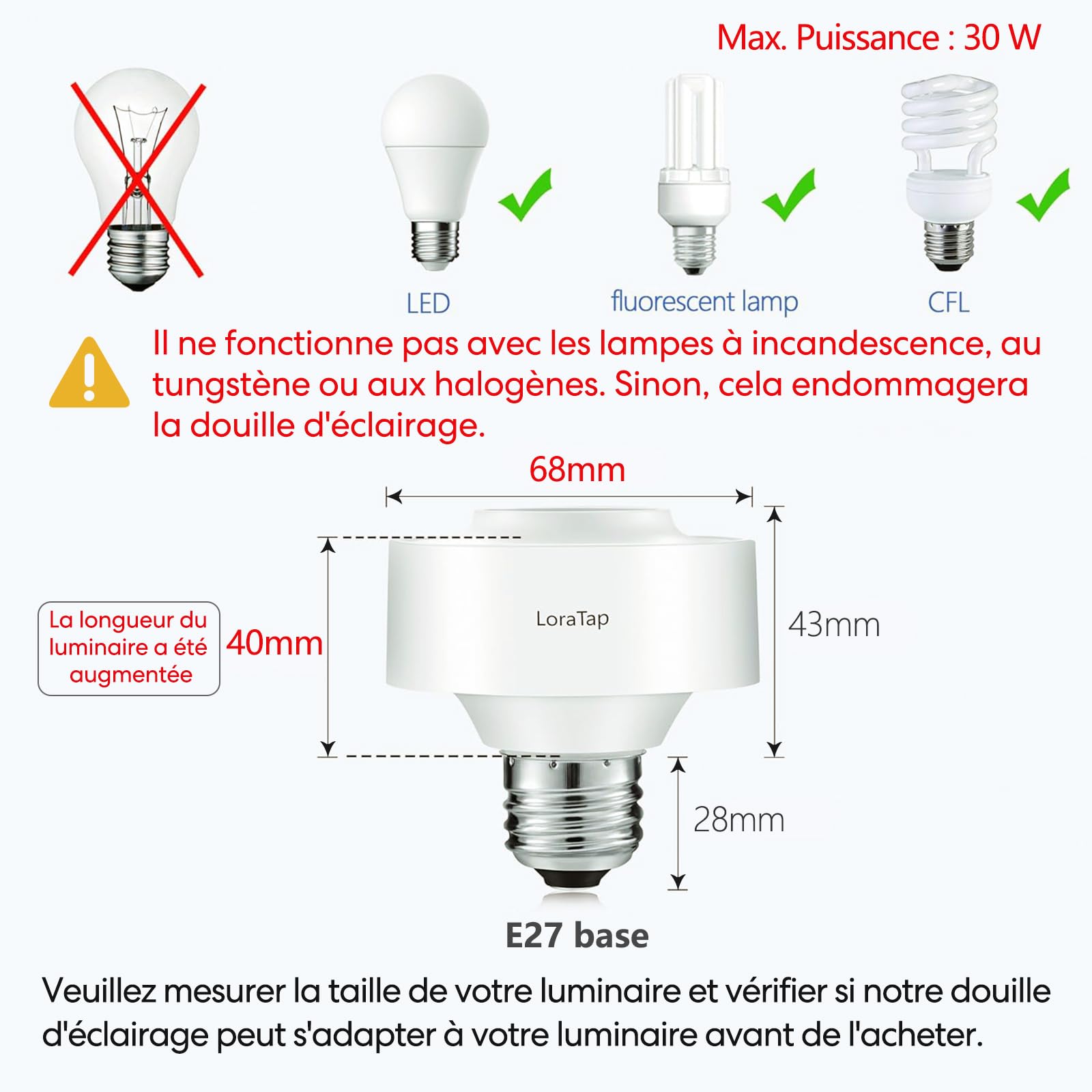 LoraTap Kit Interrupteur Sans Fil, 2x Douilles E27 1x Télécommande, Récepteur Contrôle 30W, Portée 200M, Culot Emetteur (Inclus), Commande à Distance Sans Fil ON/OFF Pour Ampoule E27