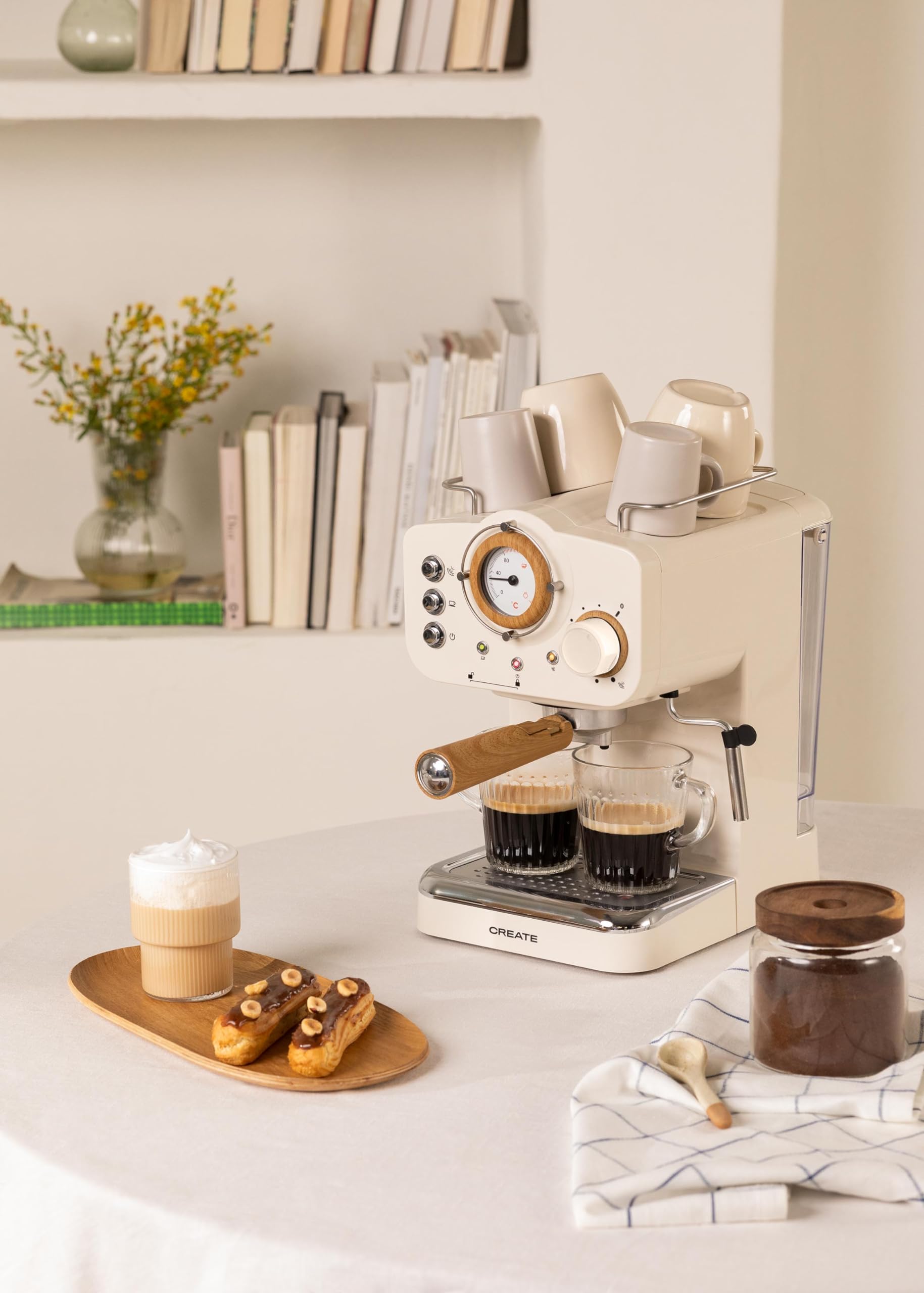 Espressomaschine Cremeweiß Matt und Holz Halbautomatisch 15 bar 1100W 1,25L