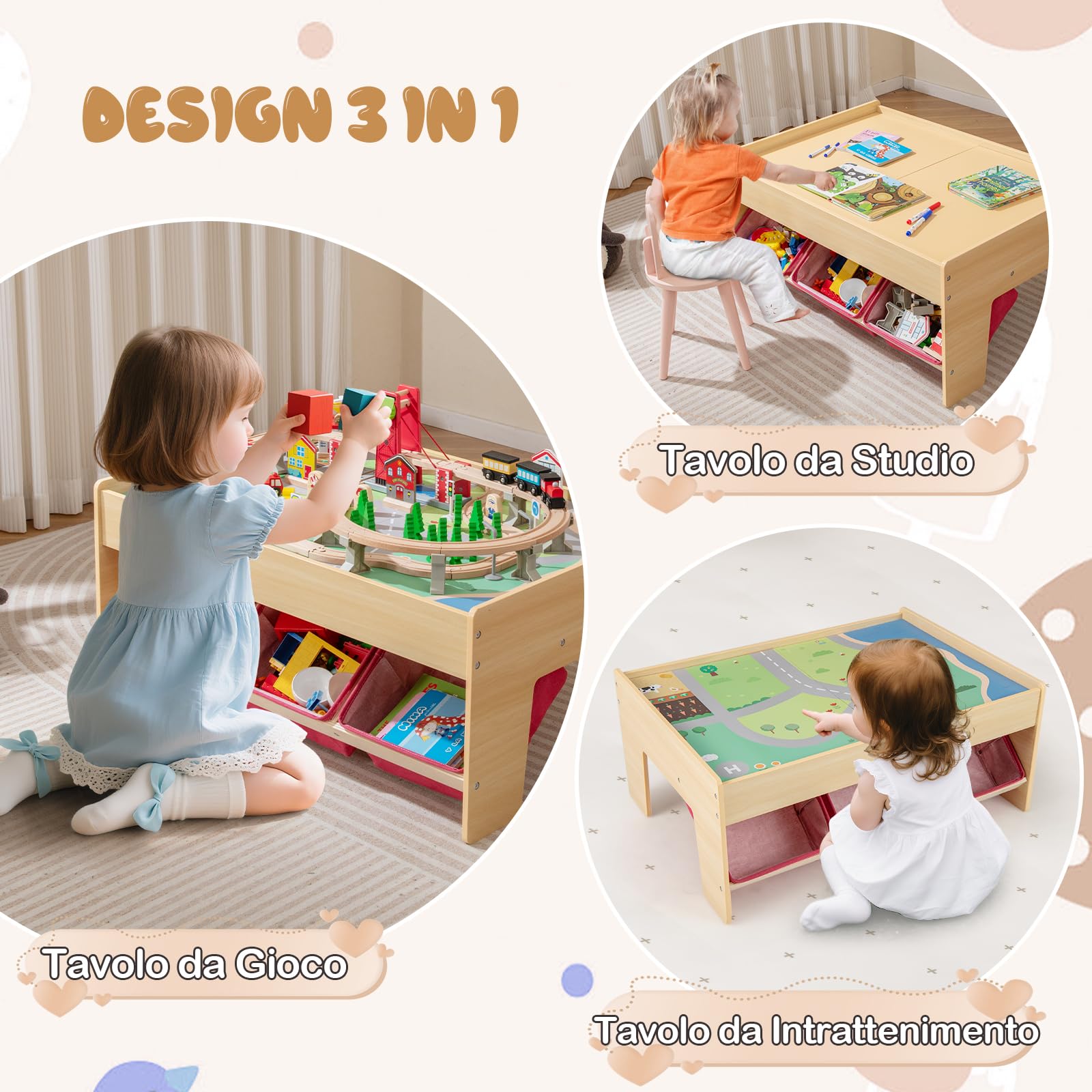 RELAX4LIFE Tavolo con Set Treno in Legno da 92 Pezzi, Tavolo Gioco Multifunzionale con Superfici Reversibili, 3 Contenitori Pieghevoli in Tessuto, Binari, Macchinine, Set Treno per Bambini da 3+ Anni