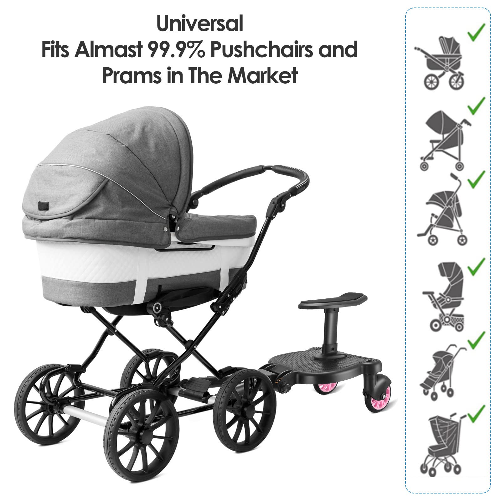 Pedana Passeggino Universale con Sedile, FNRIDS Tavolette Portatili per Passeggini, con cinghia di sospensione,Design Stabile a due Ruote, Accessori per Passeggini per Bambini da 2 a 6 anni (rosa)