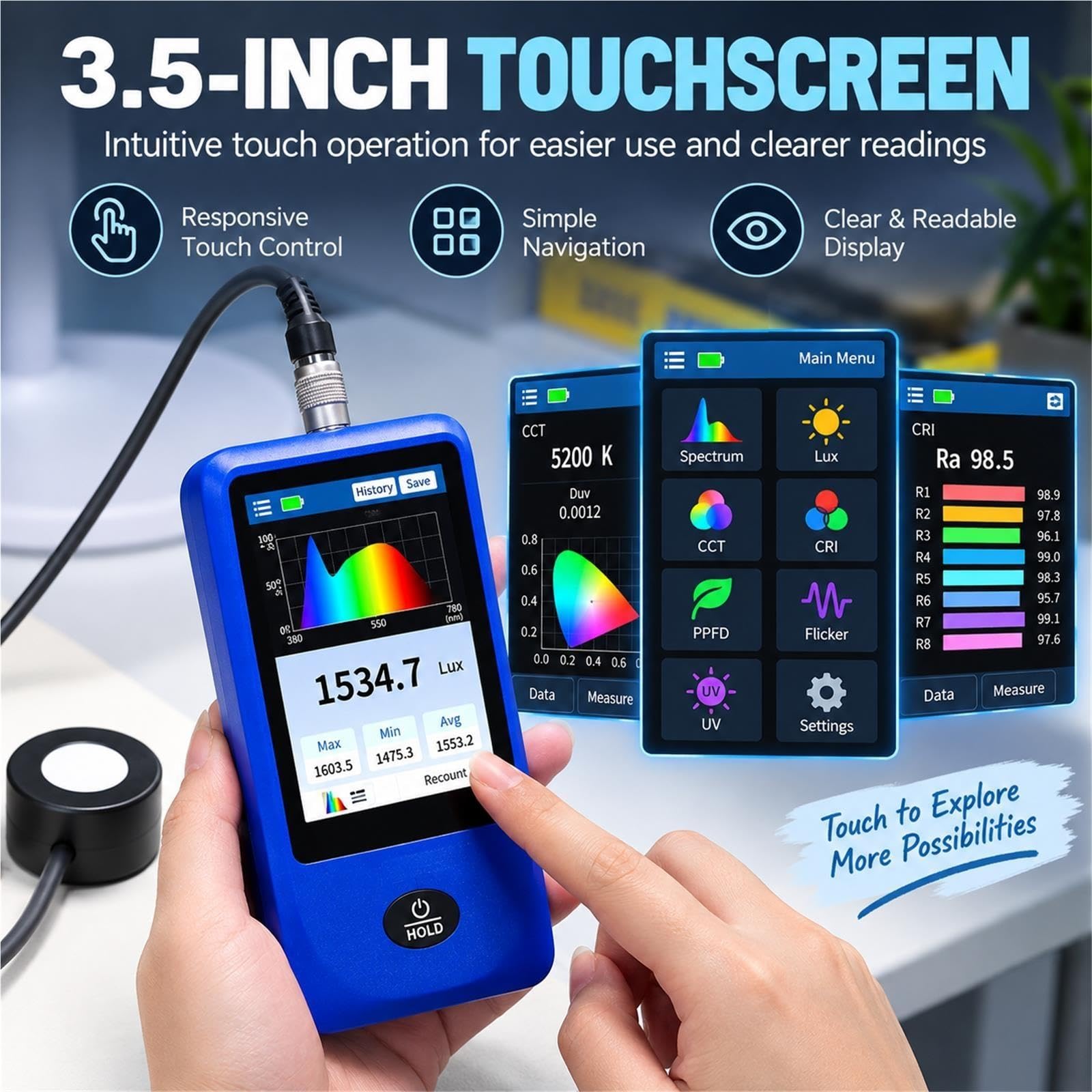 Medidor iluminancia espectral, equipo analítico laboratorio portátil mano