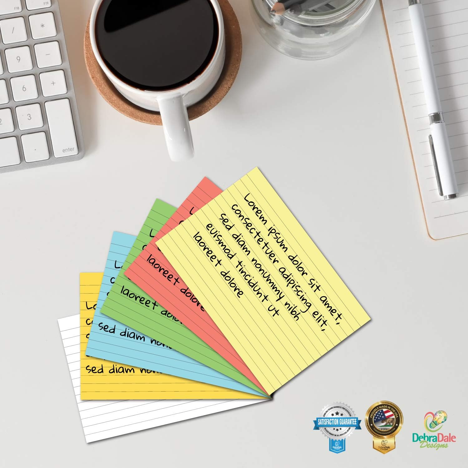Debra Dale Designs Ruled Index Cards – 300 Pack – 3" x 5" – 90 lb Stock – 6 Divider Cards Included – Assorted Colors + White – with Storage Box – Made in USA