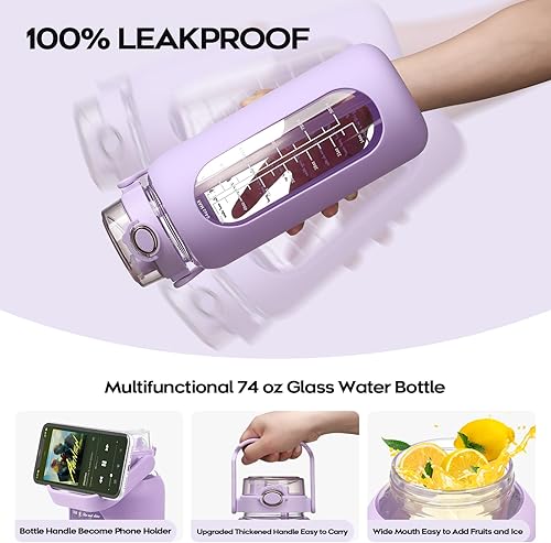 Miniatura 3 de chunmo Bolttles de agua de vidrio de 74 onzas con pajilla, botella de agua motivacional grande con marcador de tiempo, botellas de agua deportivas