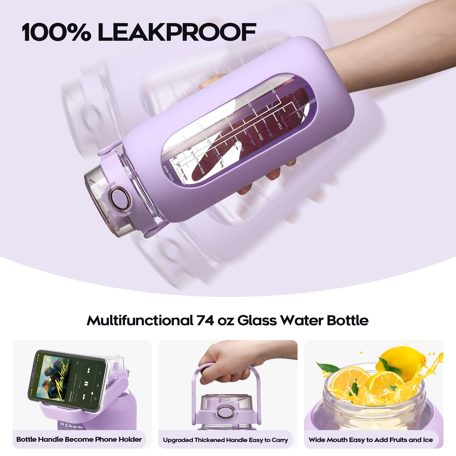 chunmo Grande bouteille d'eau de motivation en verre avec marqueur de temps avec manchon en silicone et couvercle à poignée - 2,2 l - Pour le sport