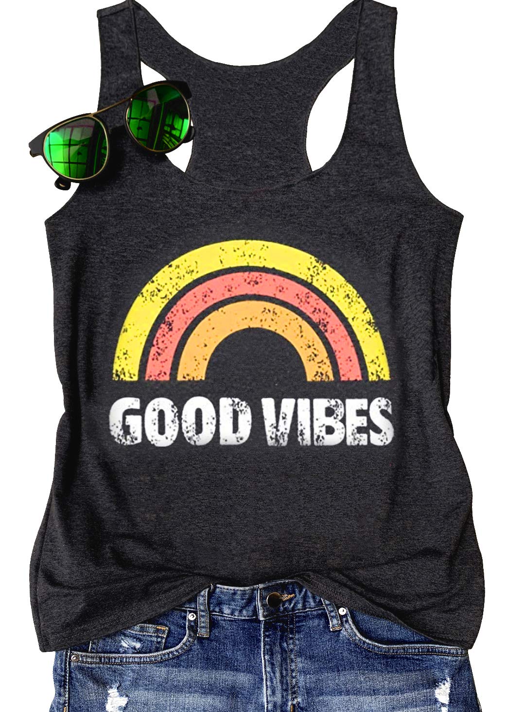 Hount Women's Loose Fit Tank Top – Good Vibes Rainbow Print, Sleeveless Summer Blouse, Casual Wear - View #8