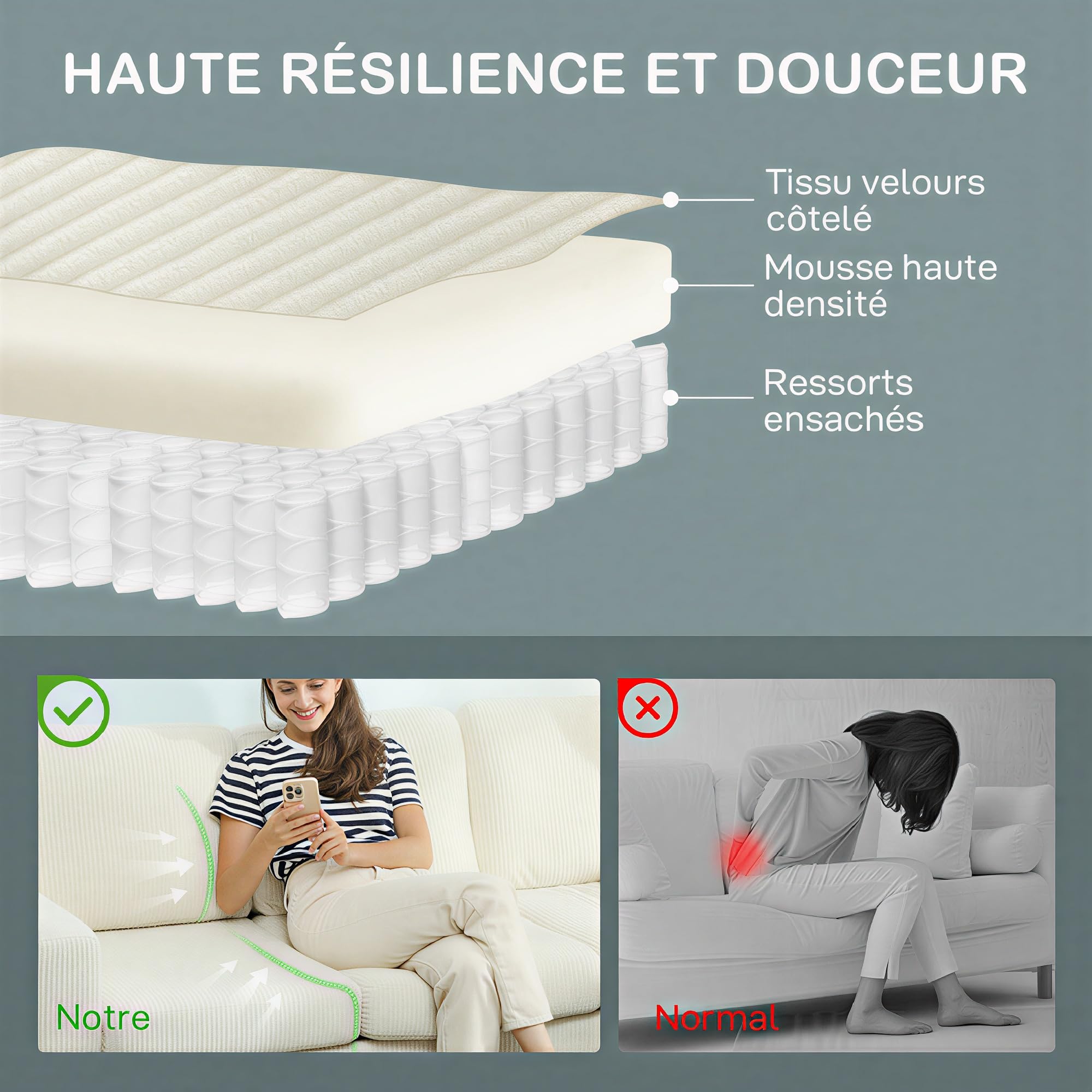 HOMCOM Divano a 3 posti in velluto a coste, design moderno, divano con cuscini a molle e seduta imbottita, ideale per soggiorno, camera da letto o ufficio, 192 cm, beige