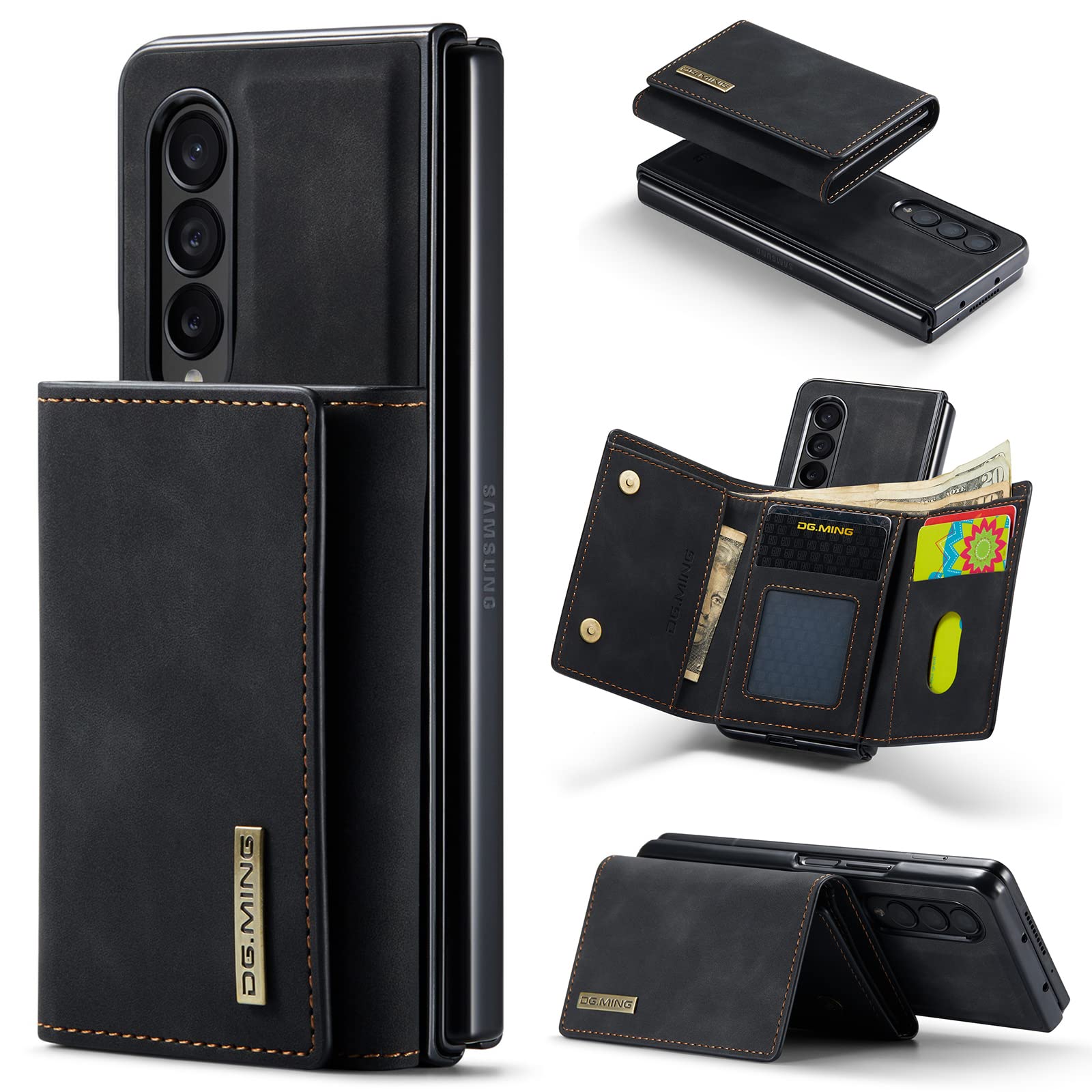 2 in 1 Magnetic Detachable Wallet Case for Samsung Galaxy Z Fold 4, DG.MING Retro Leather Phone Case Kickstand with Clutch Trifold Full Length Bill Wallet Credit Cards Holder (Black)