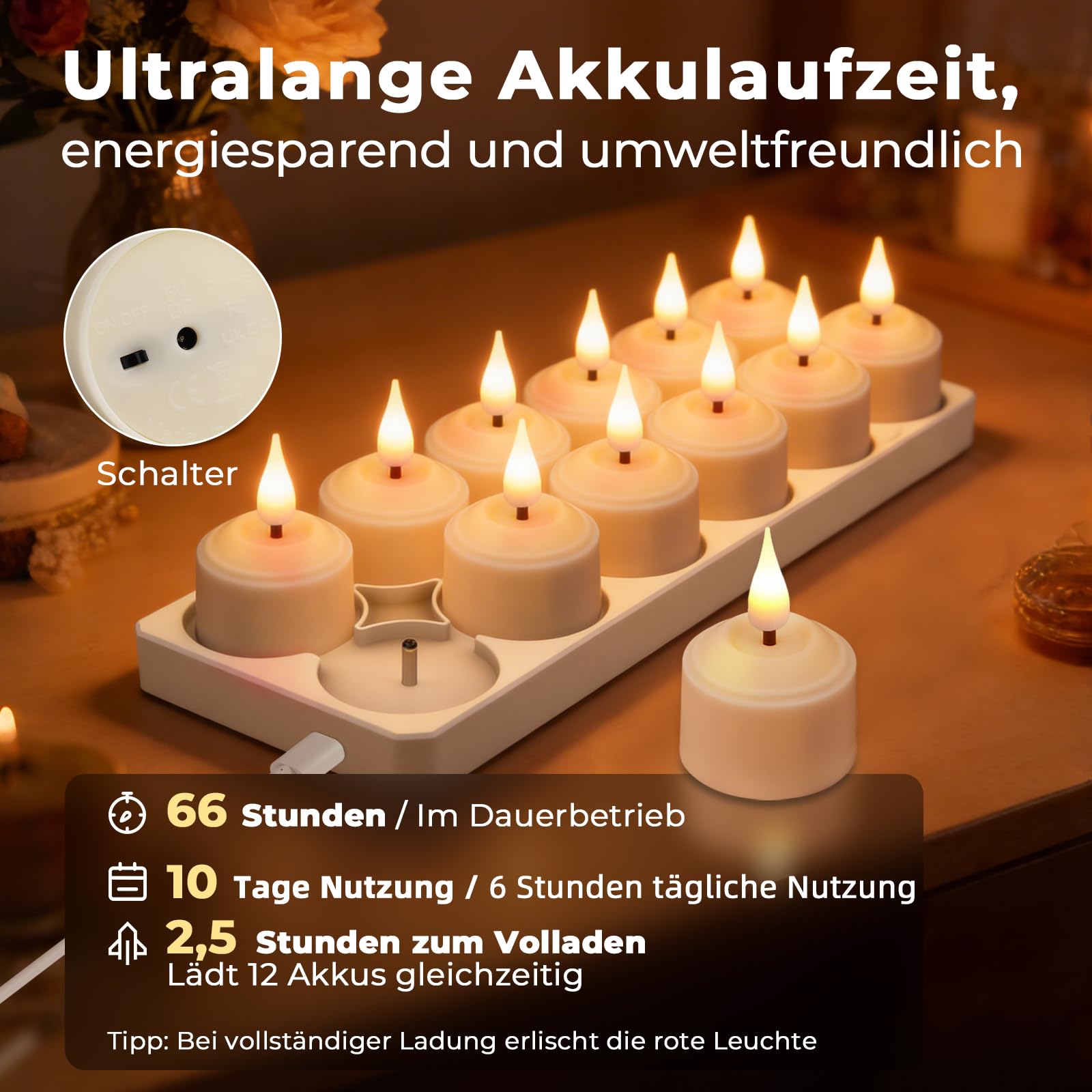 Aufladbare Teelichter mit Timer und Ladestation, LED Teelichter Wiederaufladbar, Kerzen Flackernd für Zimmer Wohnzimmer Halloween Weihnachten Hochzeit Tisch Party Deko (Warme Farbe, 12er Pack)