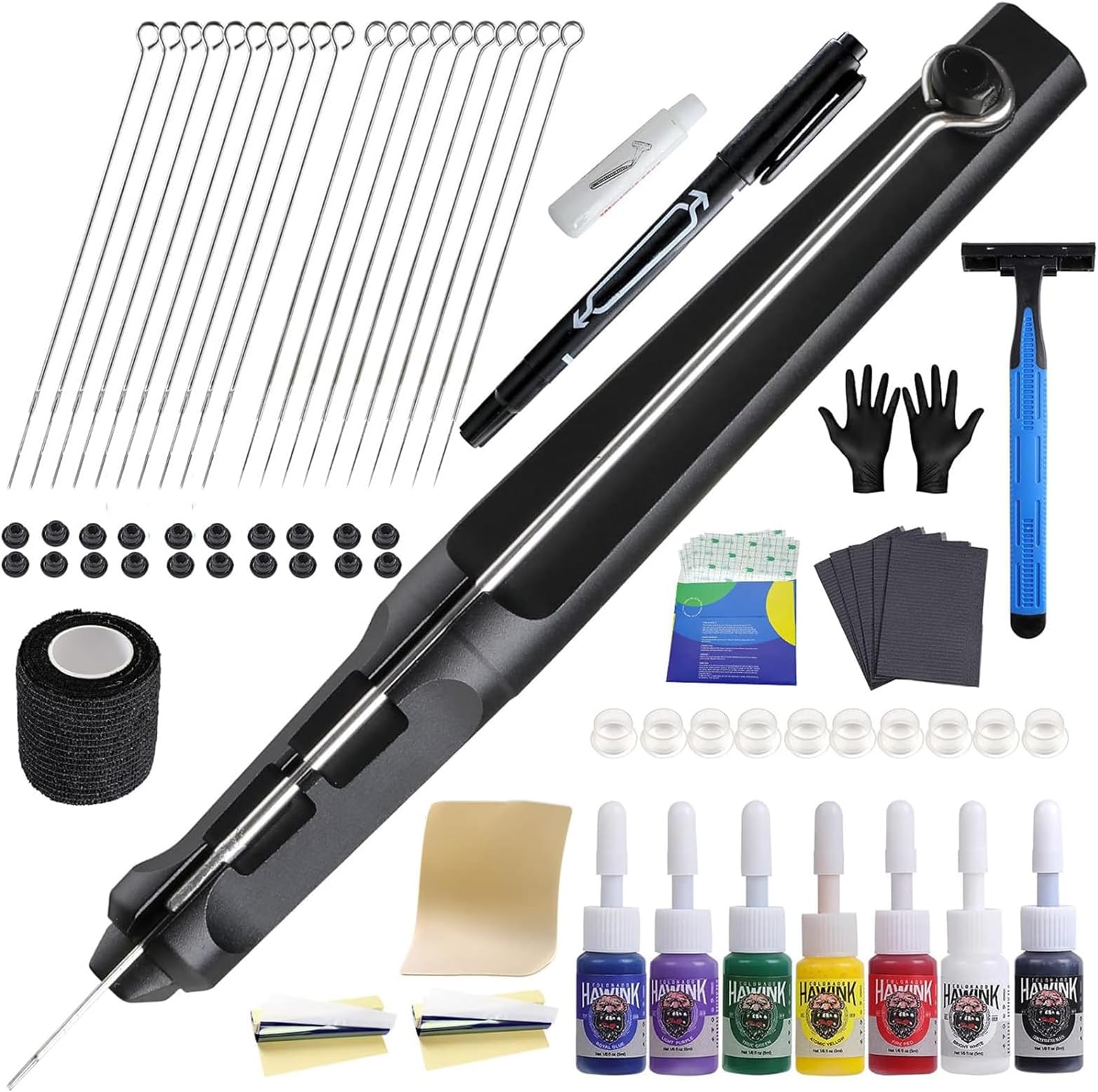 HAWINK Hand Tattoo Poke Stick Kit DIY Tattoo Tool Kit with 7 Ink 20 PCS Needles Aluminum Alloy Pen GK-HW801TN01-1