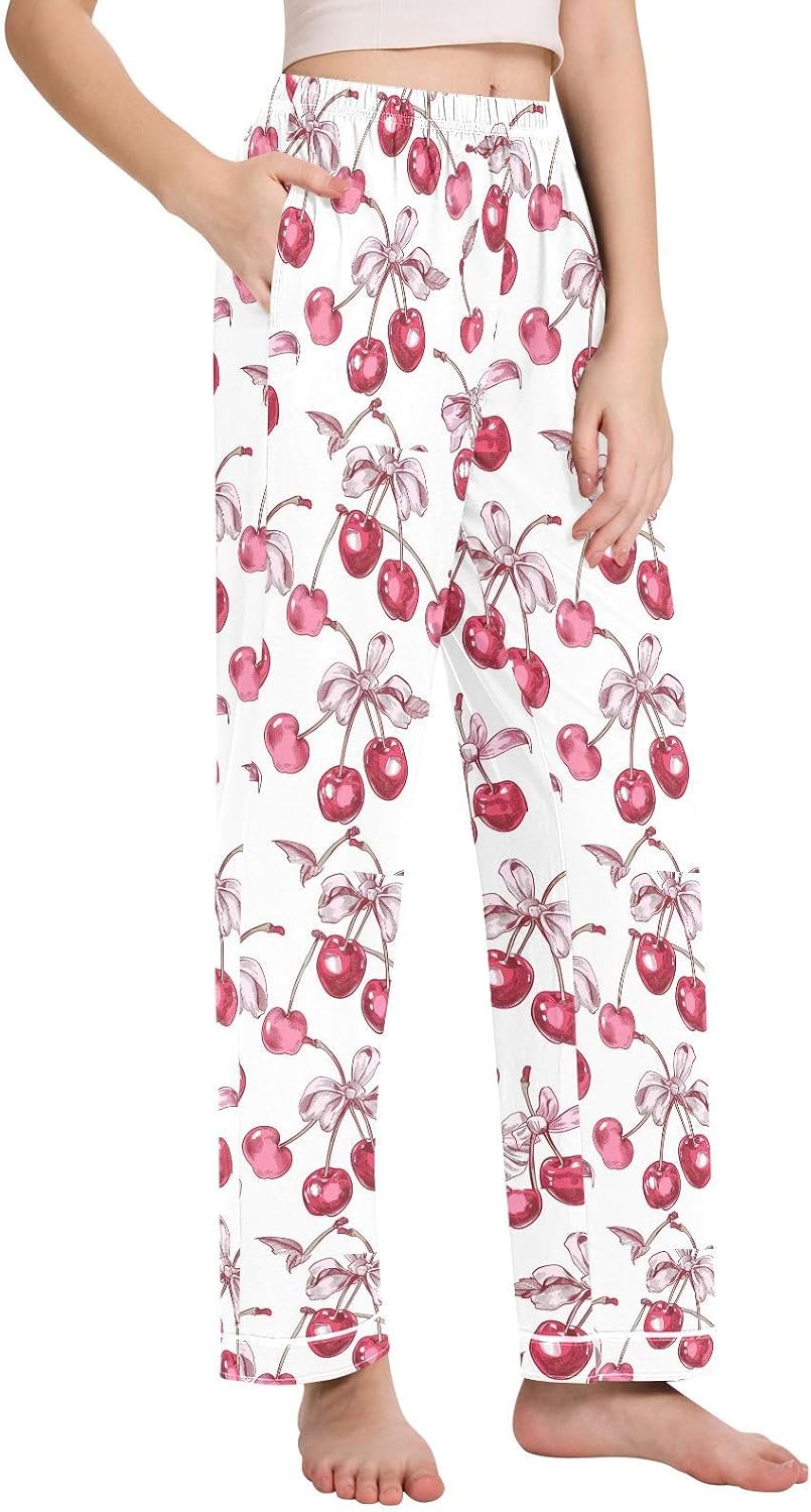 Pajama Pants Women Cherry Bow Soft Sleep Lounge Pj Bottoms with Pocket S-XXL