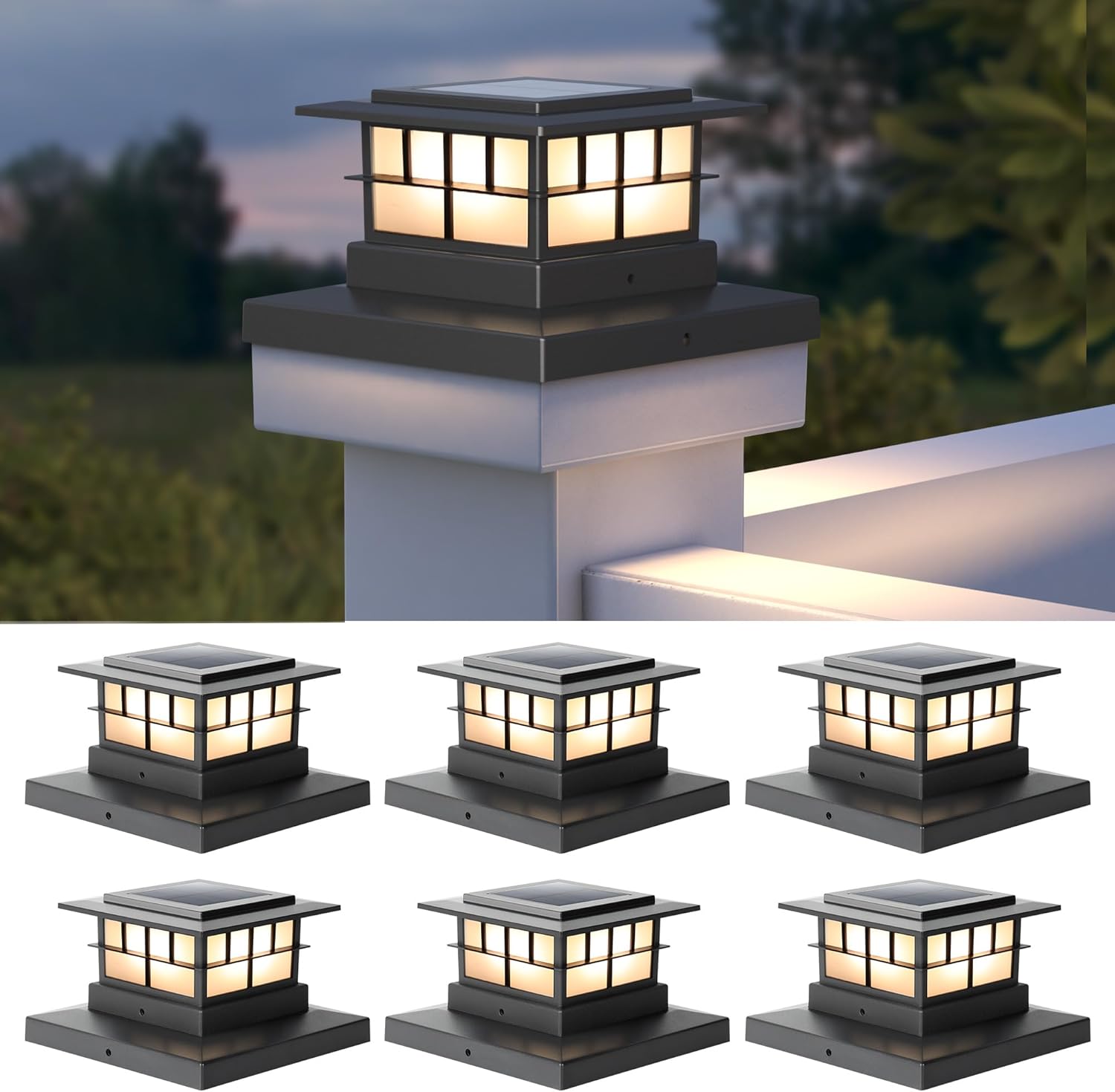LUTEC 6 Pack Solar Post Cap Lights, IP65 Waterproof Solar Fence Post Lights for 4x4 5x5 6x6 Wooden/Vinyl Posts, Warm White 3000K LED Solar Powered Lighting Decor for Yard, Garden, Patio, Deck