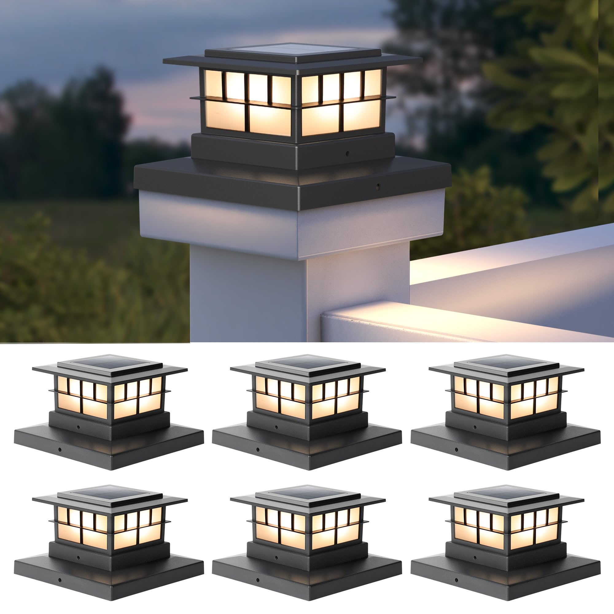 LUTEC 6 Pack Solar Post Cap Lights, IP65 Waterproof Solar Fence Post Lights for 4x4 5x5 6x6 Wooden/Vinyl Posts, Warm White 3000K LED Solar Powered Lighting Decor for Yard, Garden, Patio, Deck