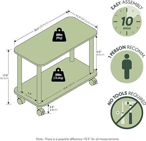 Miniatura 3 de Furinno Turn-N-Tube - Mesa auxiliar rectangular de 2 niveles con ruedas, mesita de noche de esquina redonda, mesita de noche con estante abierto,