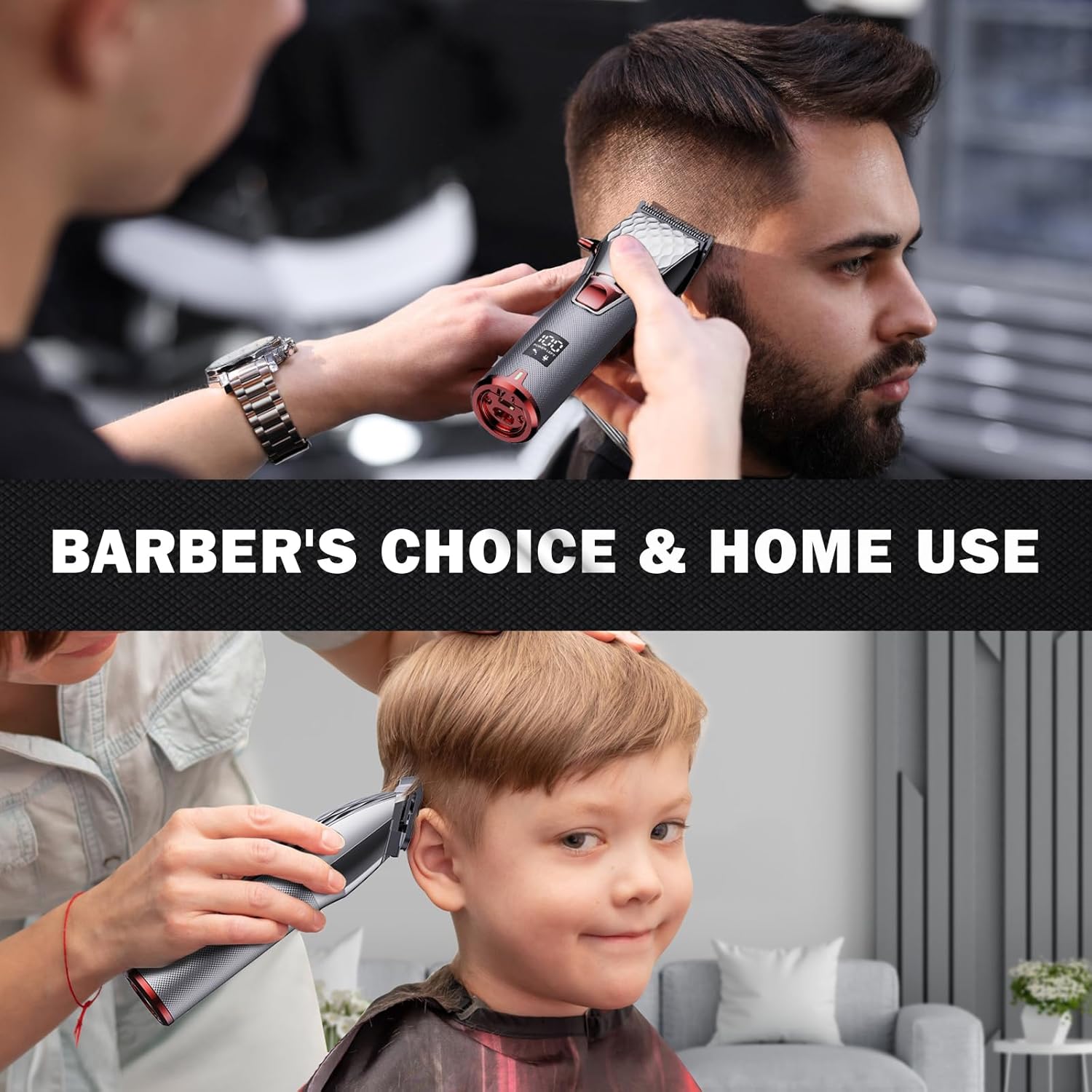 FADEKING clipper being used by a barber on a man and a woman cutting a child's hair, illustrating its versatility for professional and home use.