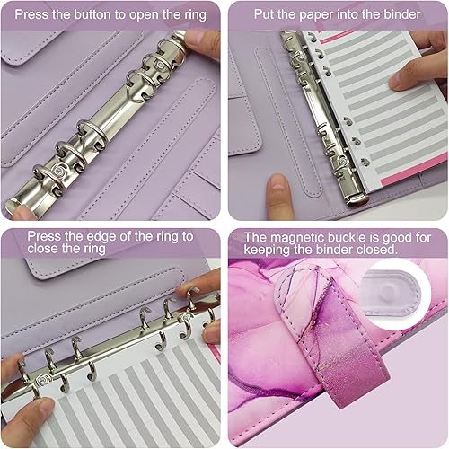 Miniatura 6 de Carpeta A5 recargable de piel sintética con 6 anillas, cubierta para cuaderno para papel de relleno A5, cubierta de planificador personal de hojas