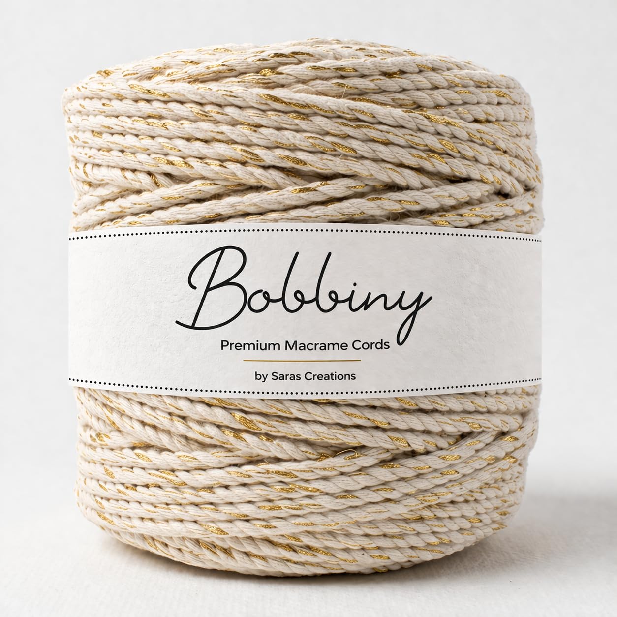 Bobbiny | 3 Ply Twisted Macrame Cotton Cord Dori (Roll Packaging) Thread for Macrame DIY and Other Projects | Off White Mix Golden Zari | 4mm,100 Meter