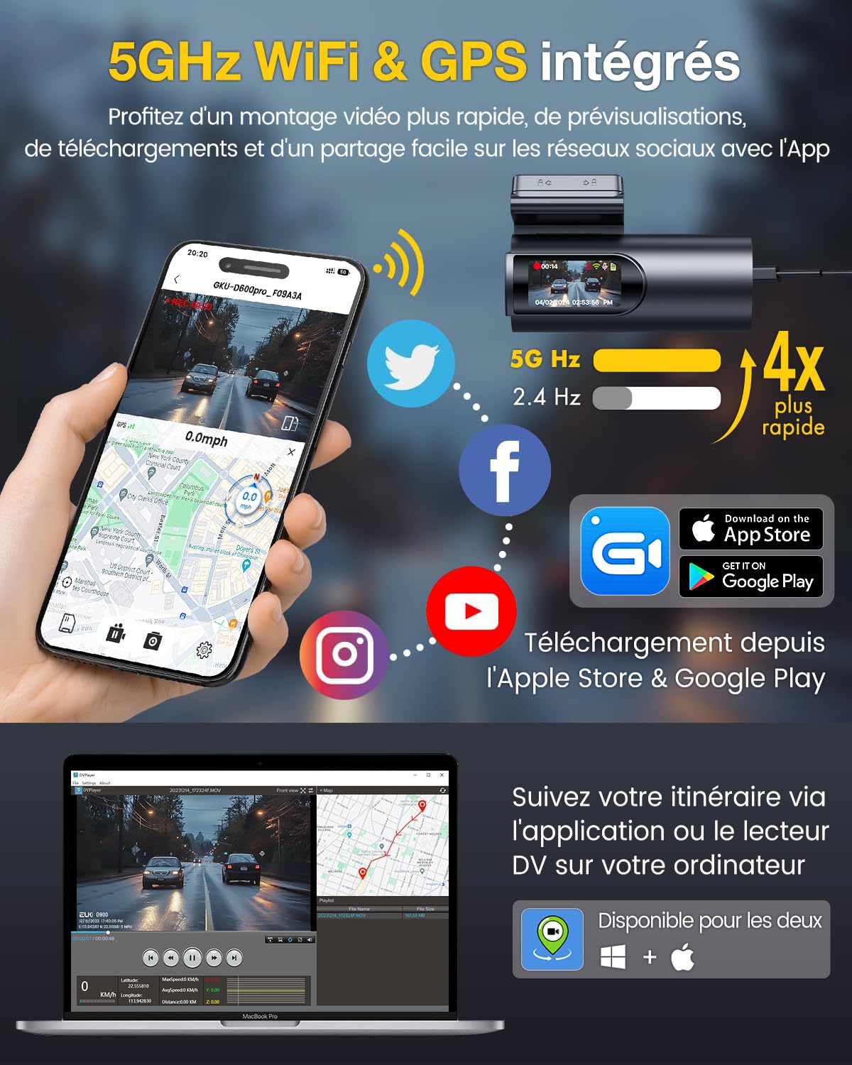 GKU 4K Dashcam Voiture Avant Arrière,5GHz WiFi GPS,2160P+1080P Camera Voiture,1.5'' IPS Caméra Embarquée Voiture avec Carte SD 64G,Grand Angle 170°,Vision Nocturne,WDR,G-Capteur,Mode Stationnement 24H