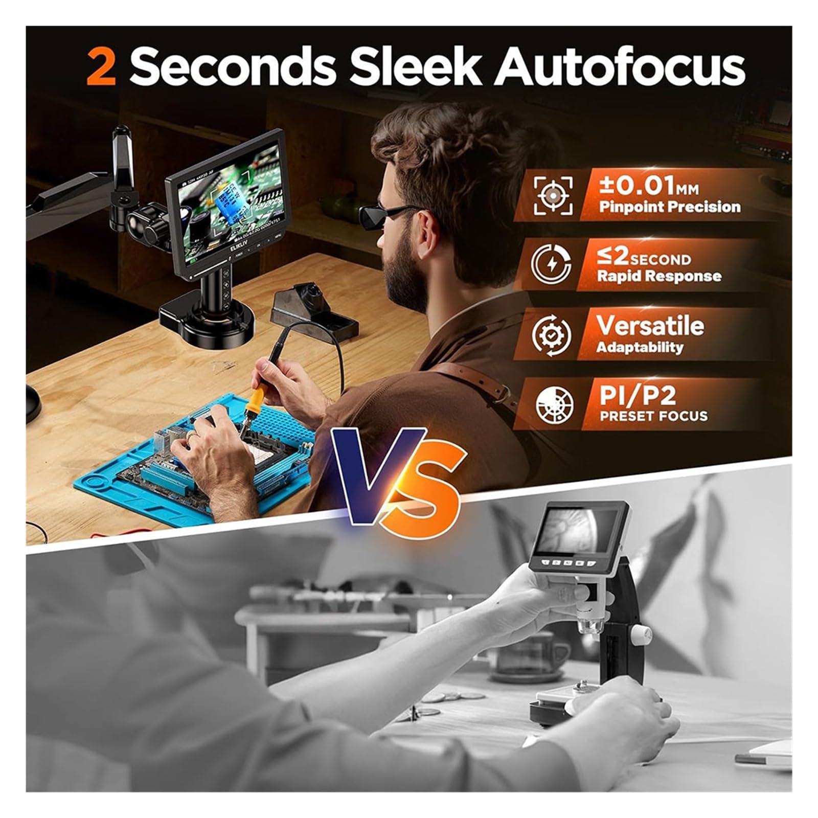 EM4K-AF Flex 10.1'' Autofocus Digital Microscope 4K Soldering Microscopio For Electronics 2000X HDM/I With Arm