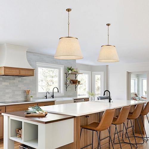 Miniatura 9 de Lámpara de araña bohemia de 24 pulgadas, tambor de tela cónica y detalles dorados antiguos, acabado de pintura, iluminación colgante para cuarto de