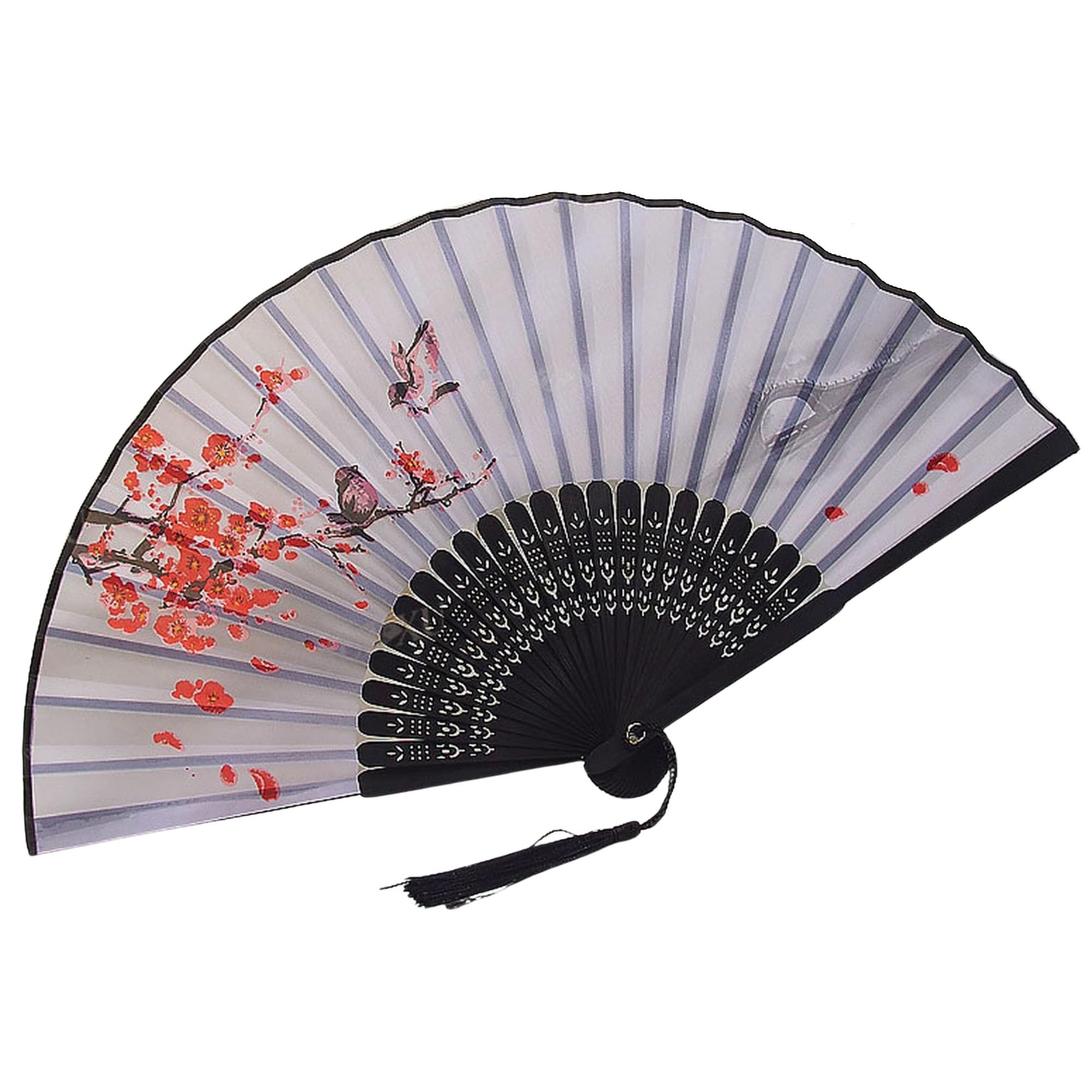 GFM® Bamboo and Silk Handheld Folding Chinese Hand Fan Wooden Wood Fans for Summer, Wedding, Party Favour etc-Birds-(FLSLK-CH-23) — image 1