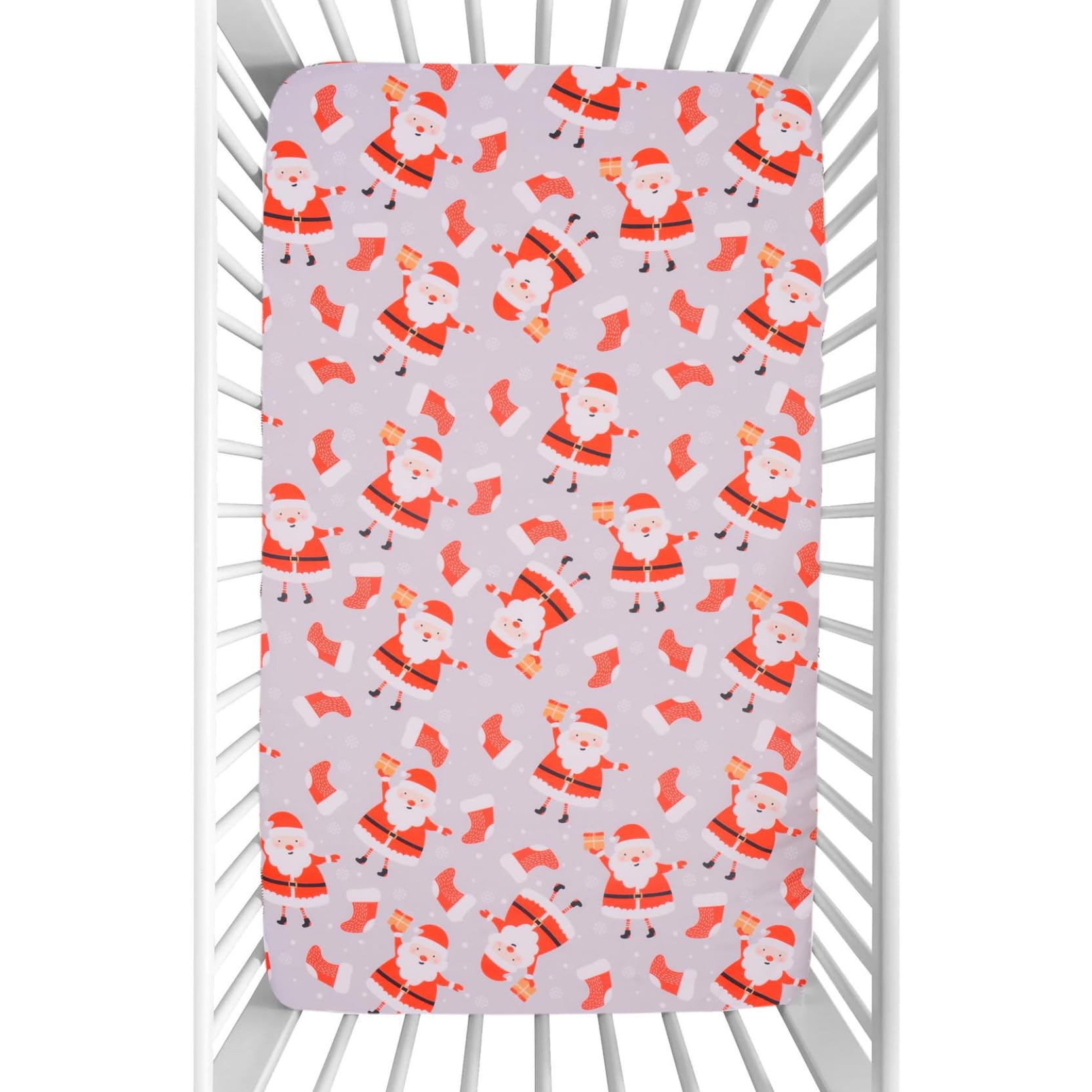 Santa Crib Sheet, 28x52" Soft Microfiber Breathable Safe Christmas Crib Sheets, Stretchy Nursery Bed Mattress for Boy Girl.