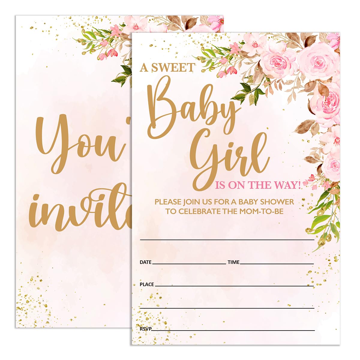 UDNADKEX Baby Shower Invitations for Girl Floral with Envelopes, Invites for Baby Showers Party Blush Pink Watercolor Flowers, Sweet Girl Baby Shower