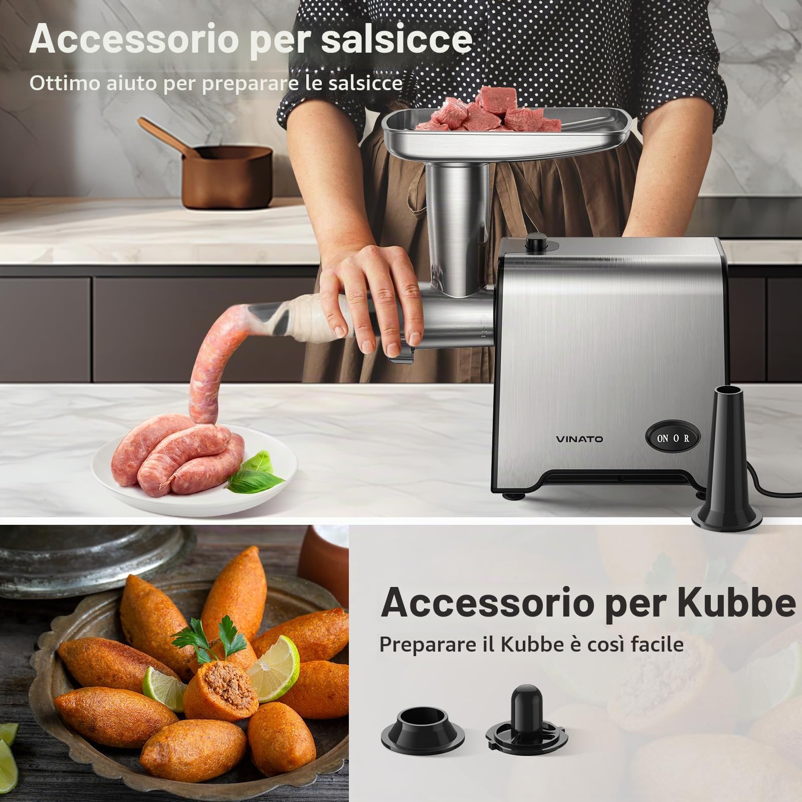 VINATO Tritacarne Elettrico, Accessorio per Salsicce CompactPower, 3 Dischi Perforati in Acciaio Inox (3, 5, 7mm), Manomentro, Accessorio per Kebbe