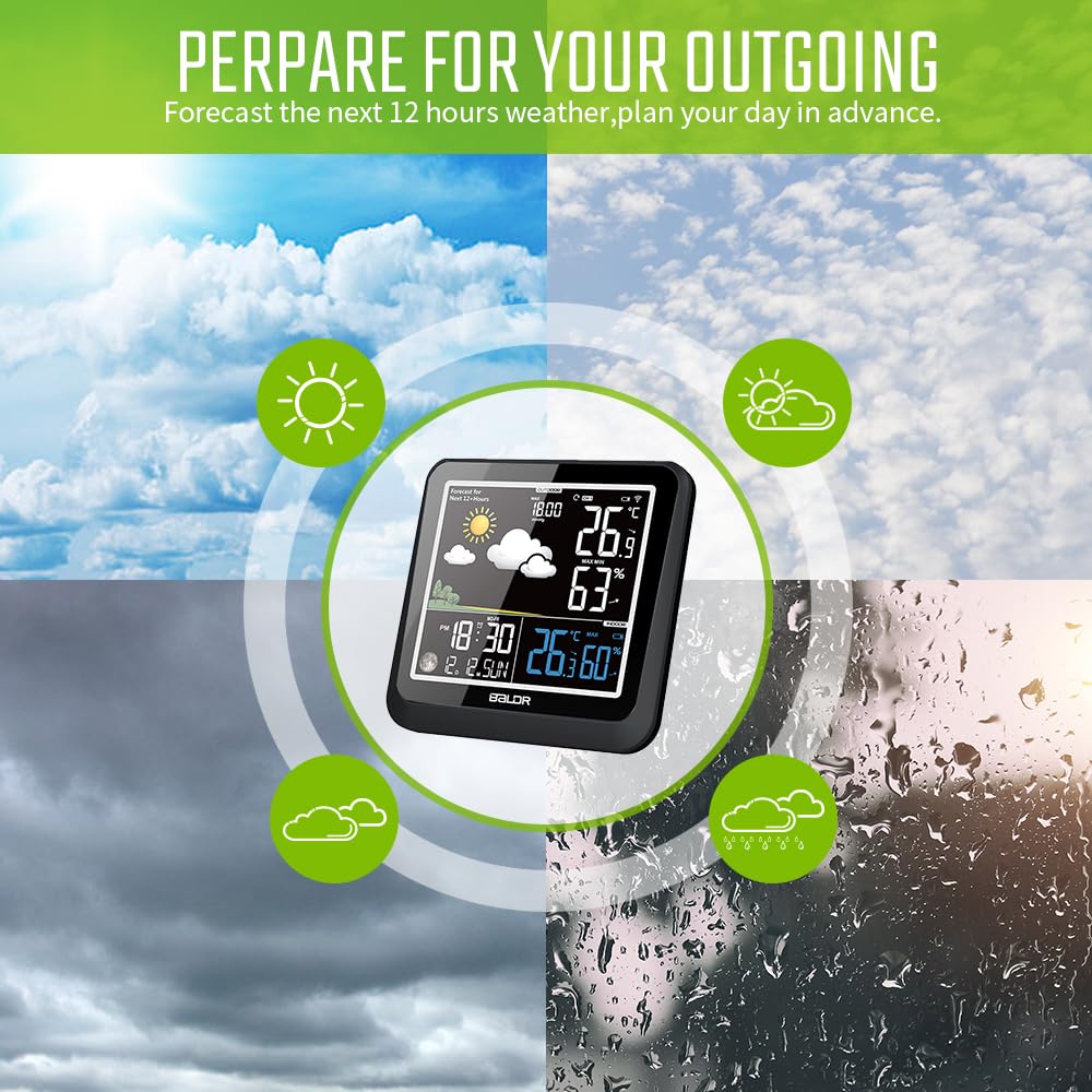 BALDR Funk-Wetterstation with Außensensor - 3 Kanäle - Digitales Thermometer Hygrometer für Innen und Außen -Feuchtigkeit Wettervorhersage - Datum, Uhrzeit - Mondphasen