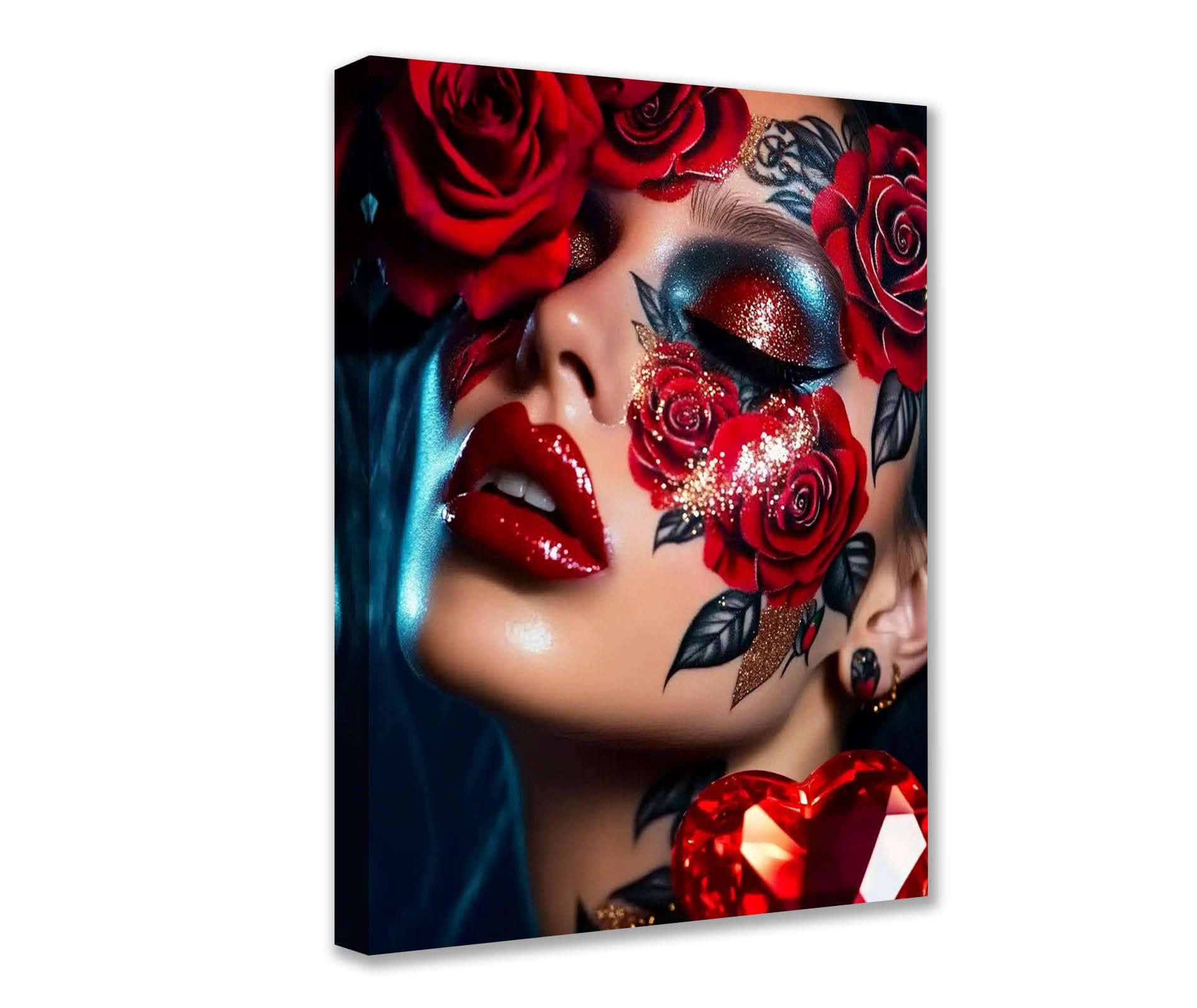 Red Rose Woman Face Canvas Wall Art Landscaping Posters Prints Portraits Sceneries 1P Trippy Modern Pictures Artwork for Living Room Bathroom Home Decor Framed Gallery-Wrapped Ready to Hang