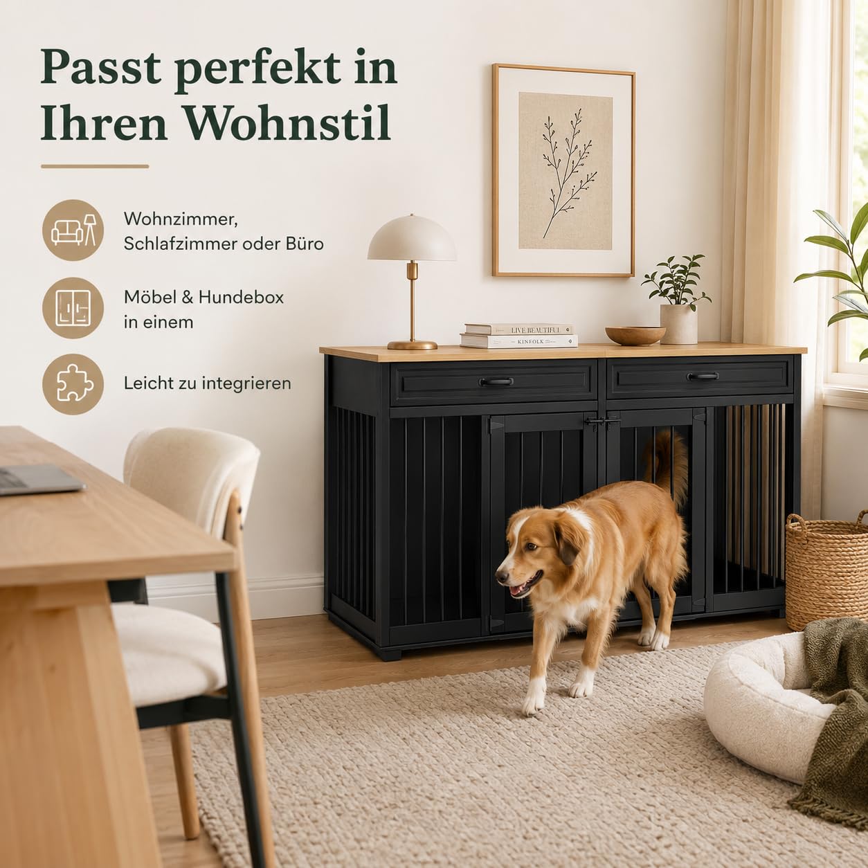 Hundekäfig für Zuhause, Eisen Hundebox,Hundebox XXL,Hundehütte Hundekiste für den Innenbereich,PB-Brett + Bügeleisen mit 2 Türen 164 x 80 x 60 cm, Metall, Schwarz