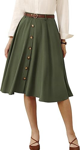 Women's Vintage Skirt Green High Waisted A Line Skrit (Army Green, L)