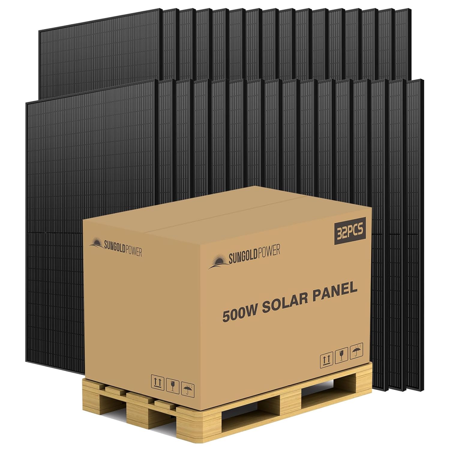 SUNGOLDPOWER UL61730 500 Watt Solar Panel 32PCS on One Pallet, Grade A Cell,Black,High Efficiency,IP68,for 12V/24V/48Vdc RV,Farms,Parking Lot,On/Off-Grid System CEC Listed(32 * 500W Solar Panel)