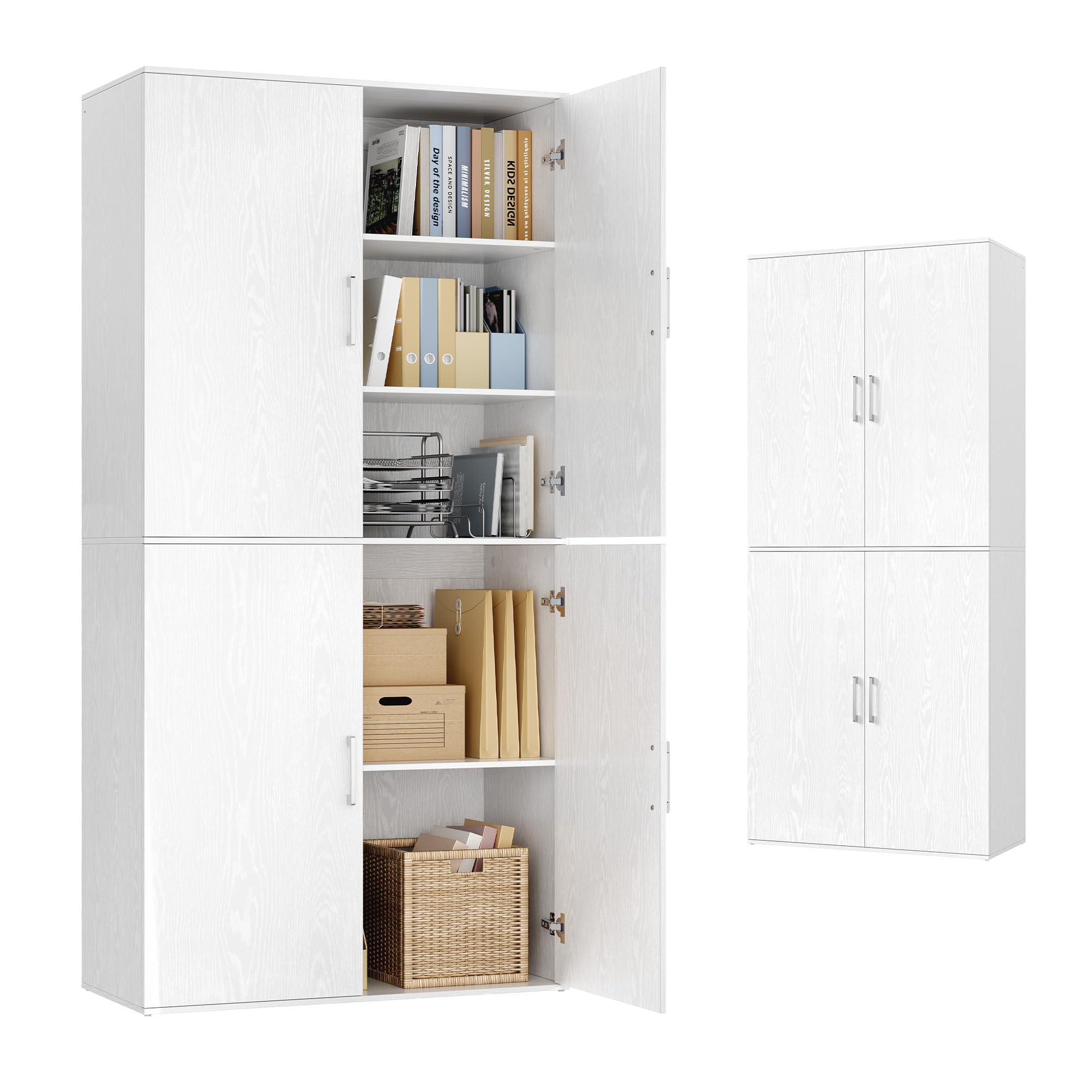 VASAGLE Placard Multifonction 4 Portes, 5 Niveaux, Caisson de Bureau, Meuble de Rangement, Armoire, avec Poignées, en Panneaux d’Aggloméré, 80 x 40 x 180 cm, Blanc Neige OFC083WE01