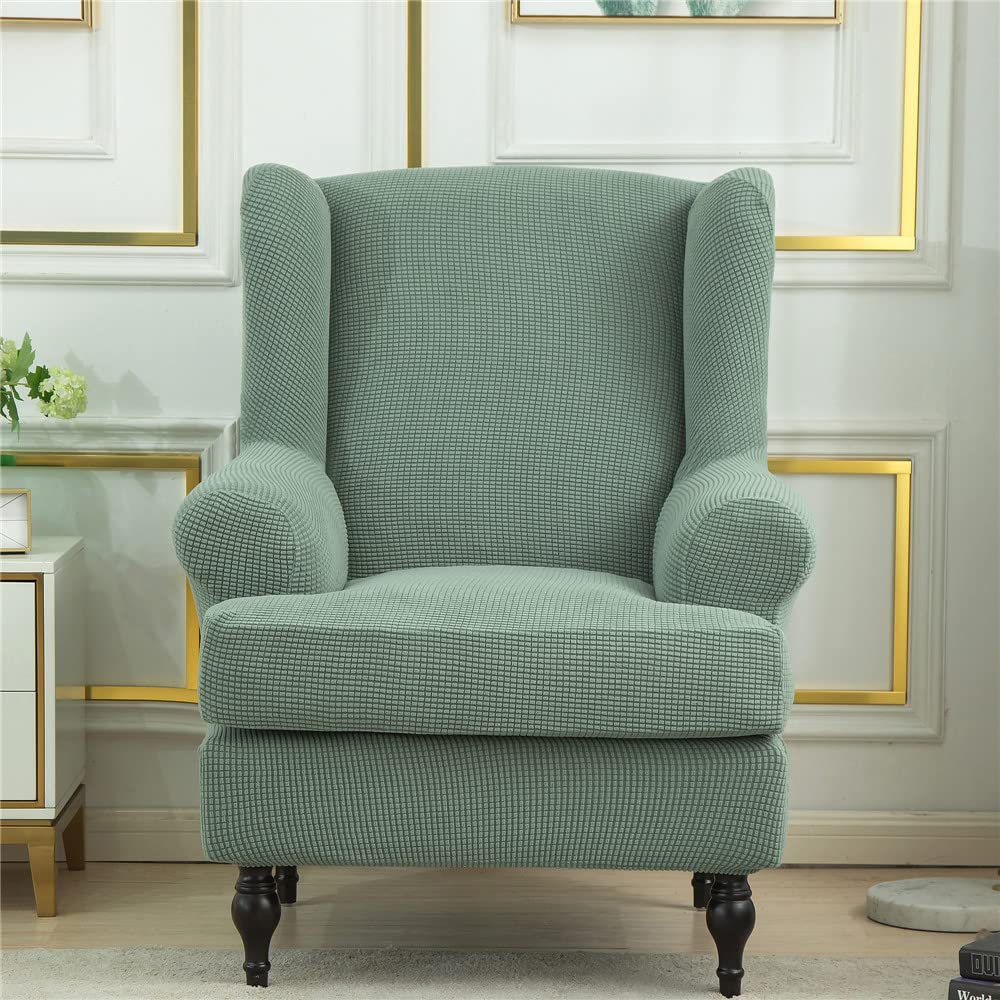 Highdi Matcha Green Wingback Chair Covers 2 Piece Stretch Wing Chair Slipcover, Washable Solid Color Corn Velvet Sofa Cover Furniture Protector For Armchair Chairs Hotel Living Room Bedroom (Matcha Green)
