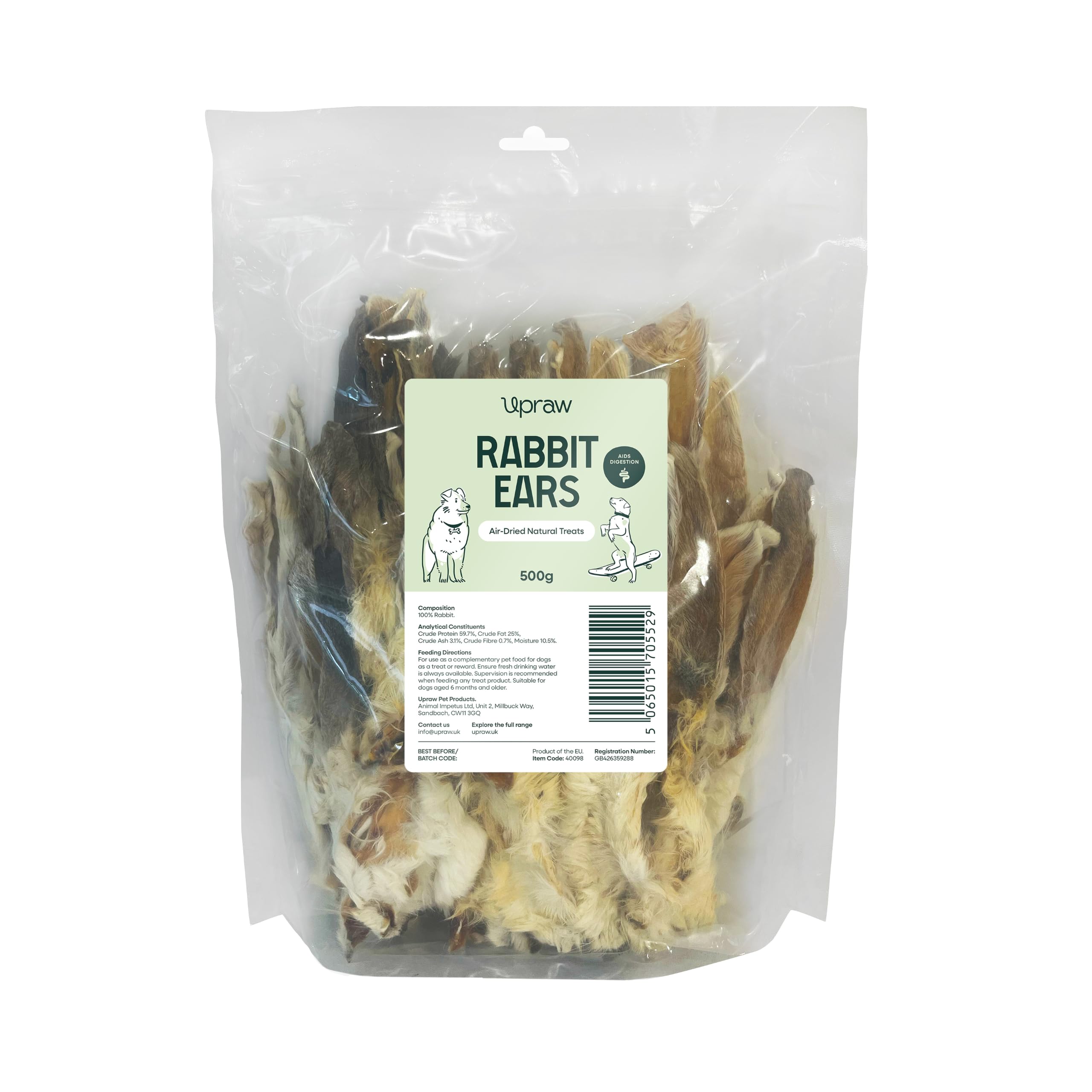 Rabbit Ears with Fur for Dogs - Premium Hypoallergenic, For All Dog Breeds, Small, Medium, Large, Puppies, Adult, Senior, Raw Dog Treats 100%, Natural Dog Treats, Digestive Health (500g)