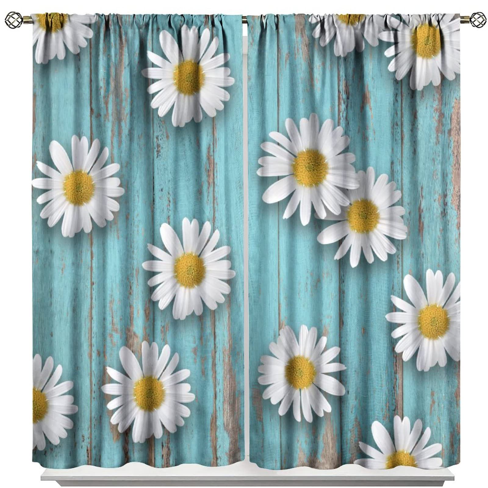 Floral Daisy Bedroom Curtains,Vintage Rustic Farmhouse Cabin Blue Wood Plank Flowers Room Darkening Door Window Rod Pocket Curtain for Living Room Kitchen Bathroom W42xL63in