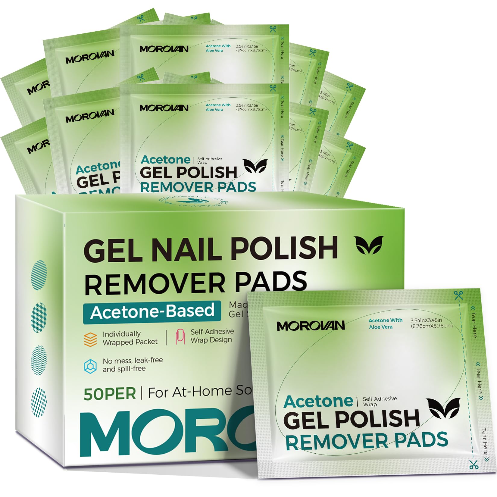 Morovan Gel Nail Polish Remover Pads: 50 Acetone Wipes for Soak-Off UV/LED Gel Polish — Individually Wrapped Fully Soaked Pads for Home Nail Removal