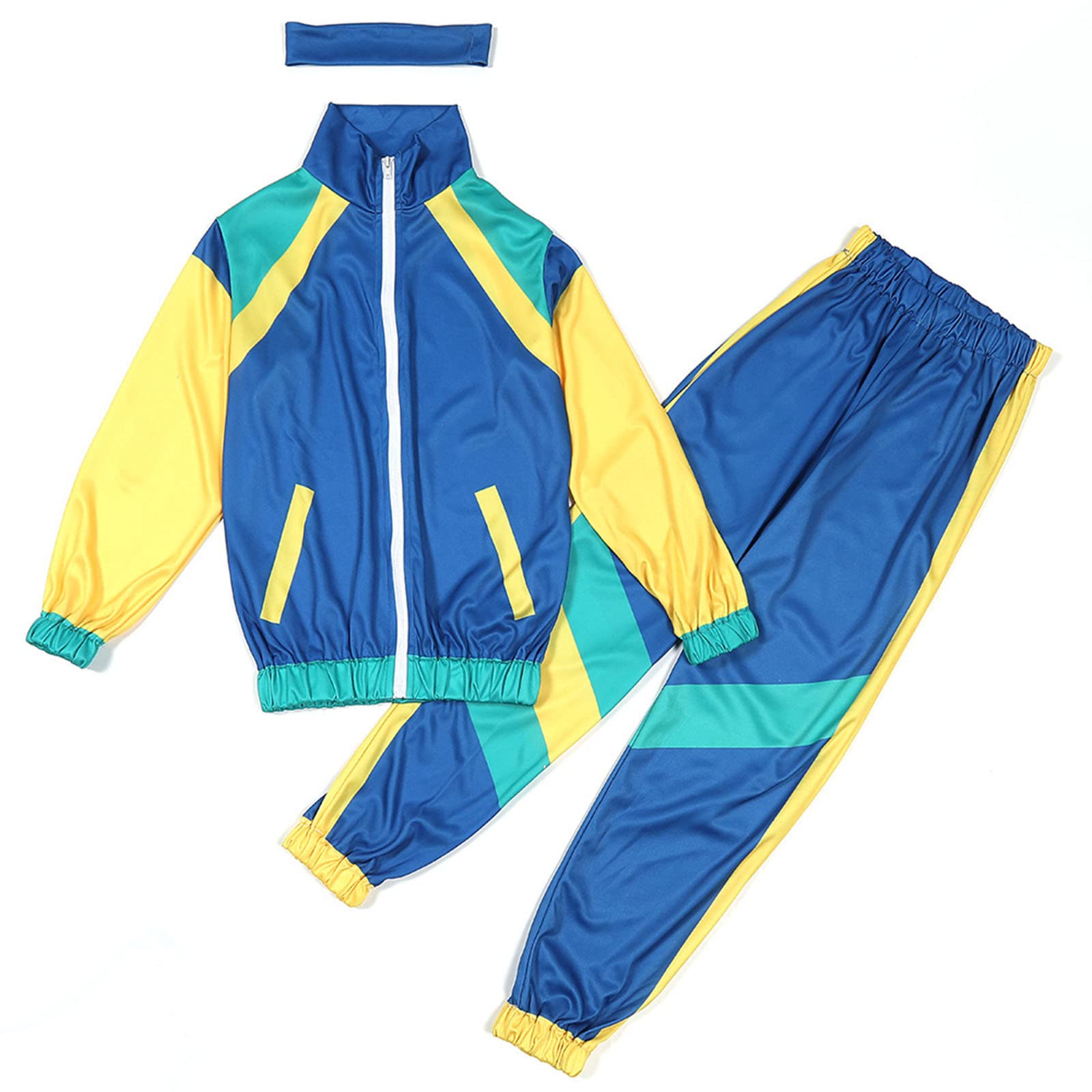 Tracksuit Fancy Dress Costumes Children's Retro 80s 90s Outfit - Jacket & Trousers in Vintage Style as a Complete Costume for Carnival, Theme Party & Retro Events, Blue-b, 8-10 Jahre