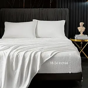 HYPREST Flannel Sheets King, Deep Pocket King Sheets fits Mattress Up to 24" Inches,250 GSM Velvet Plush Fleece Warm No Slip Bed Sheet Sets White